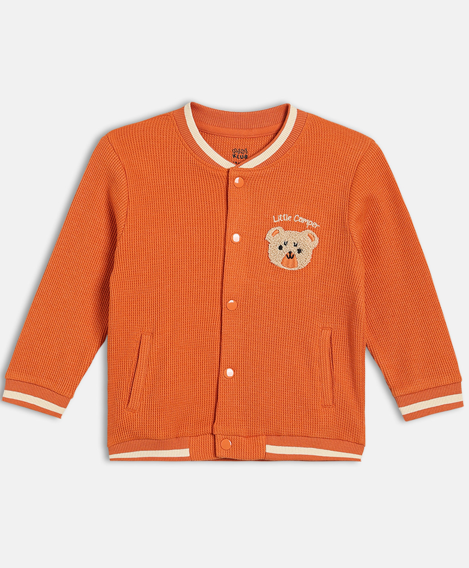 MINI KLUB Cotton Blend Knit Full Sleeves Teddy Bear Patch Detailed Light Winter Jacket - Orange-image-31