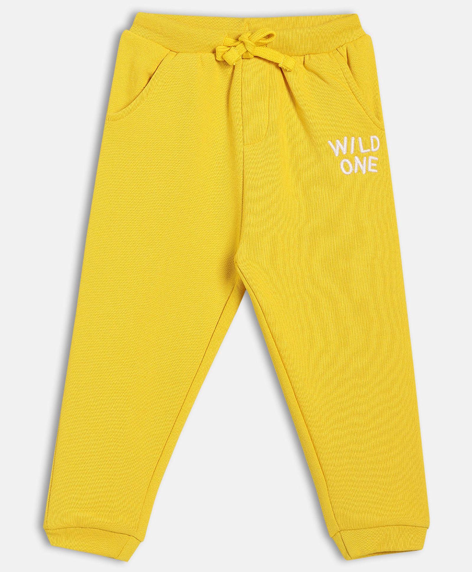 MINI KLUB Cotton Blend Knit Wild One Text Embroidered Joggers - Yellow-image-45