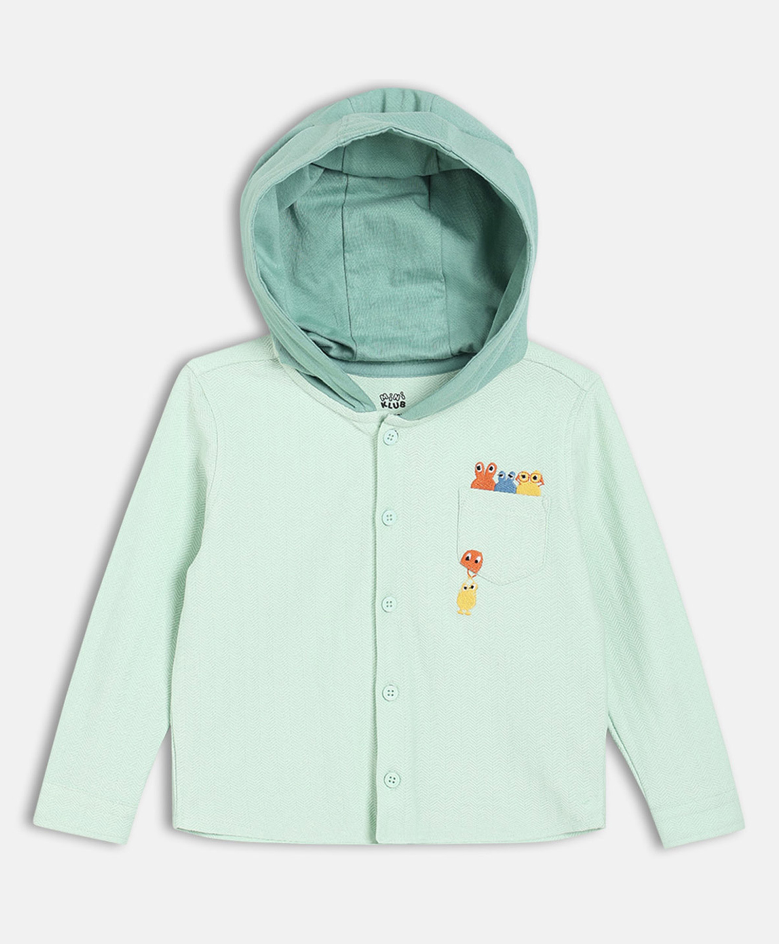 MINI KLUB Cotton Knit Full Sleeves Cartoons Embroidered Hooded Shirt - Sea Green-picture-31