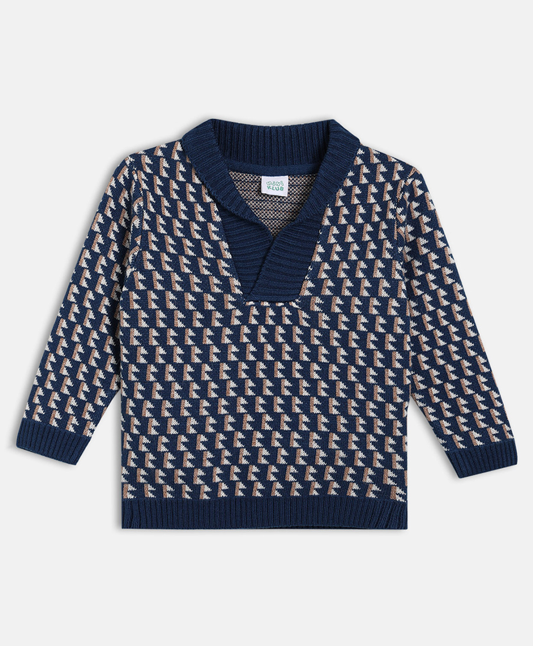 MINI KLUB Cotton Knit Full Sleeves Geometric Design Sweater - Navy Blue-image-23