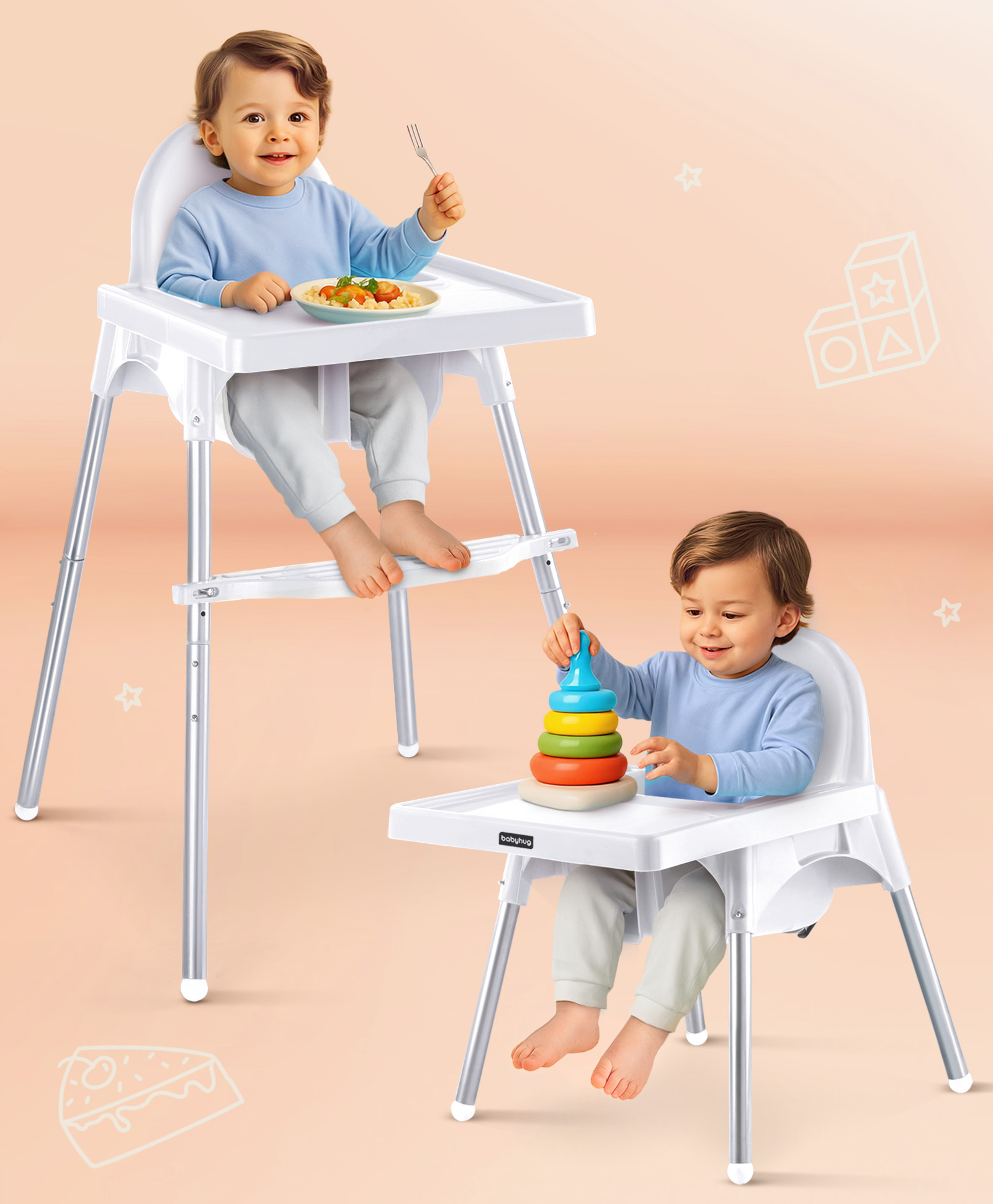 Babyhug Highchair and Small Feeding Chair - White| Removable Feeding Tray| Adjustable Footrest| Safety Harness| Anti-skid Base| Easy Assembly| Sturdy and Durable