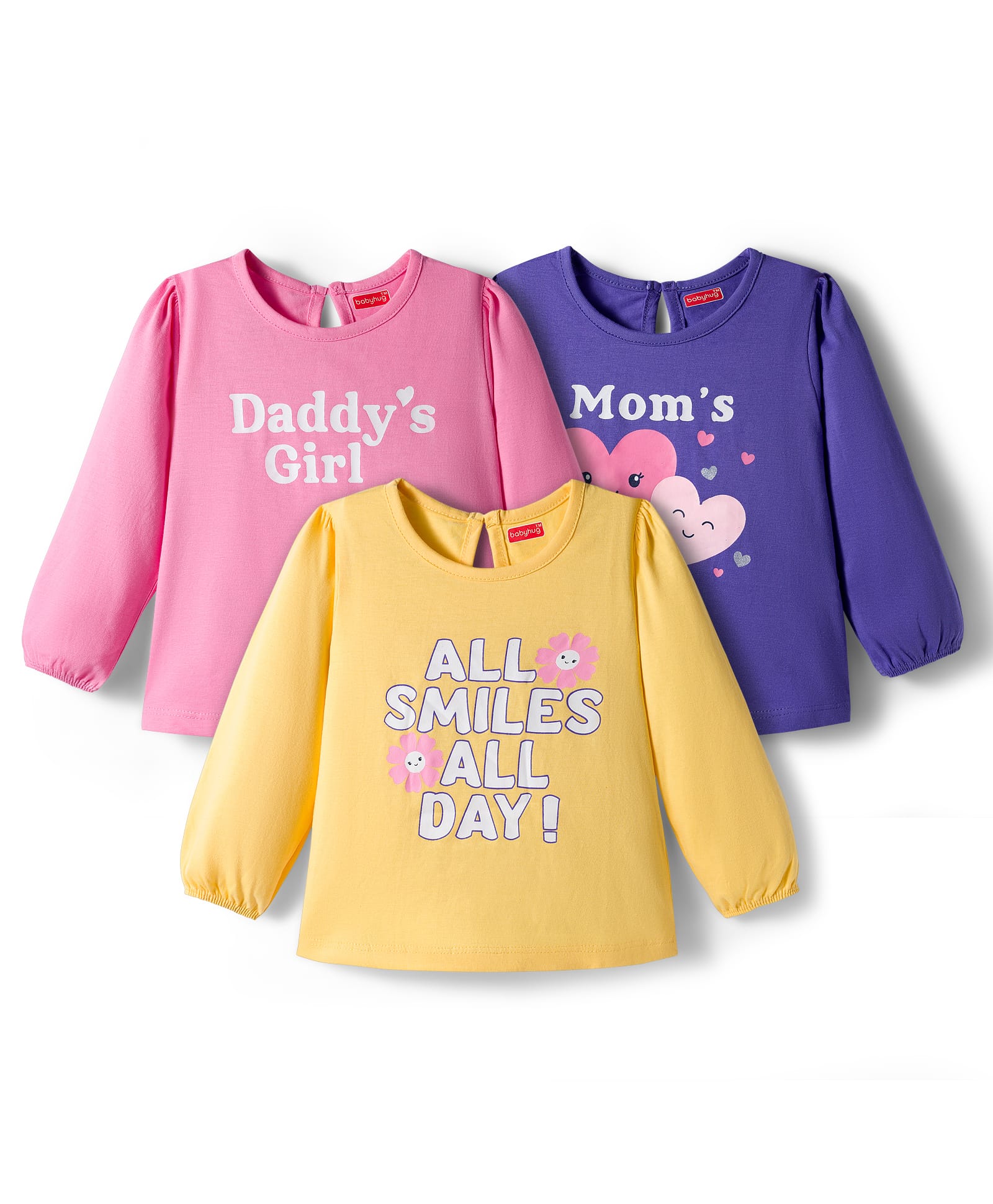 Babyhug 100% Cotton Knit Full Sleeves T-Shirts with Daddys Girl Print Pack of 3 - Purple Pink & Yellow-image-5