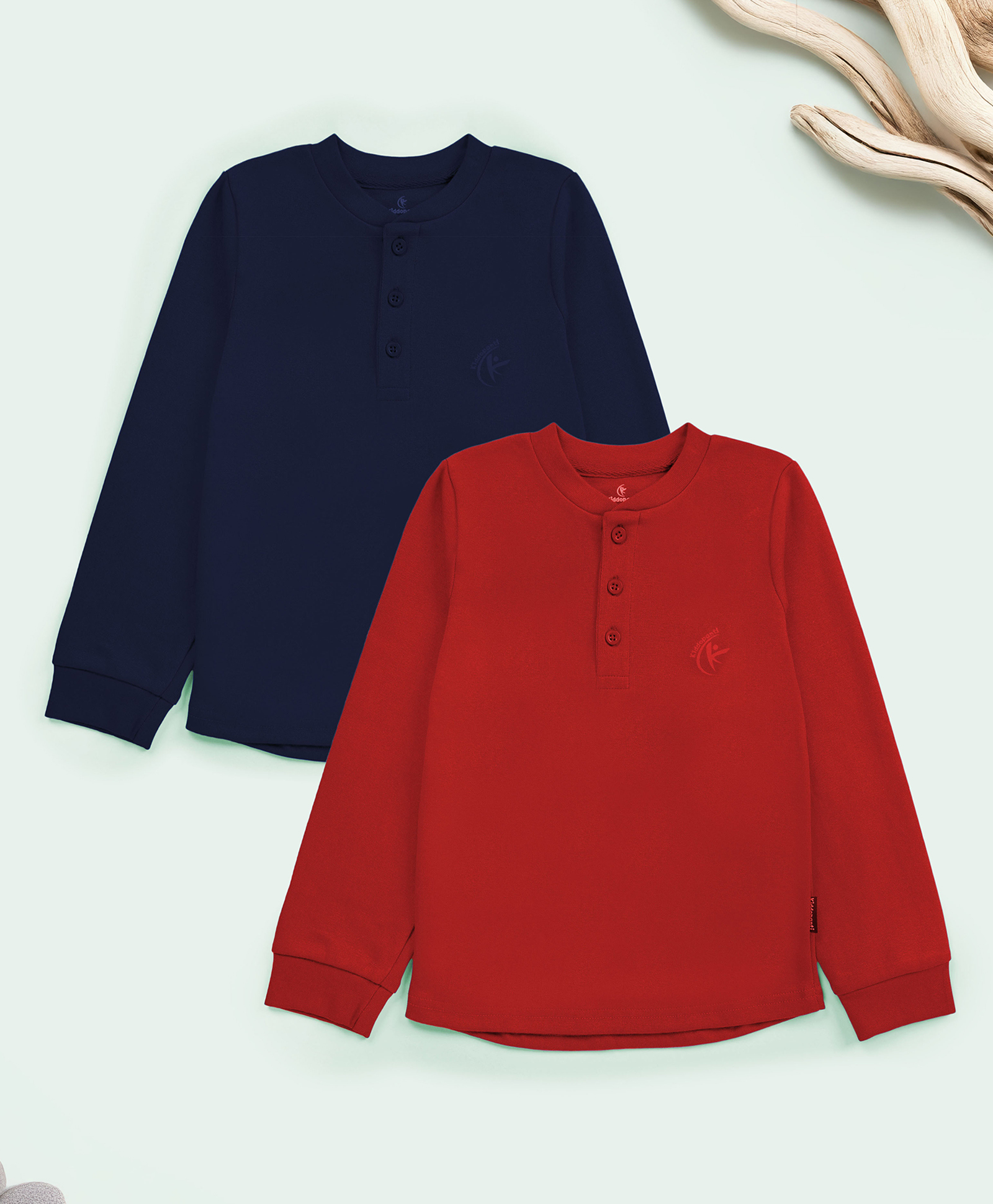 KiddoPanti Cotton Knit Pack of 2 Full Sleeves Solid Henley Neck Tee - Red & Navy-picture-18