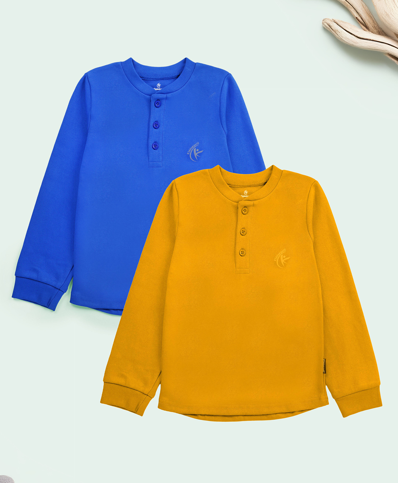 KiddoPanti Cotton Knit Pack of 2 Full Sleeves Solid Henley Neck Tee - Royal Blue & Mustard-picture-39