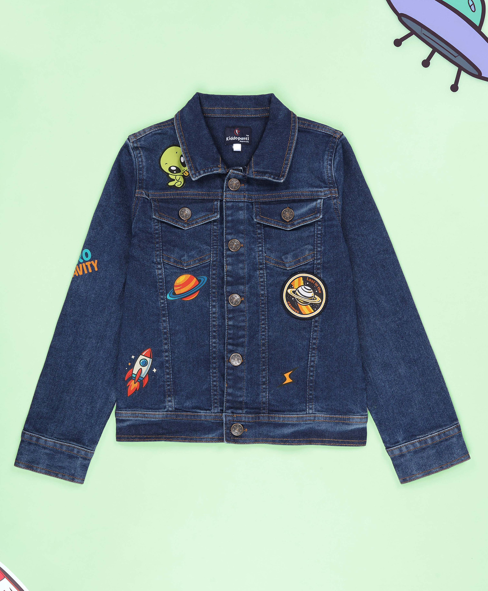Kiddopanti Denim Woven Full Sleeves Space Themed Patch Detailed Jacket - Blue-picture-19