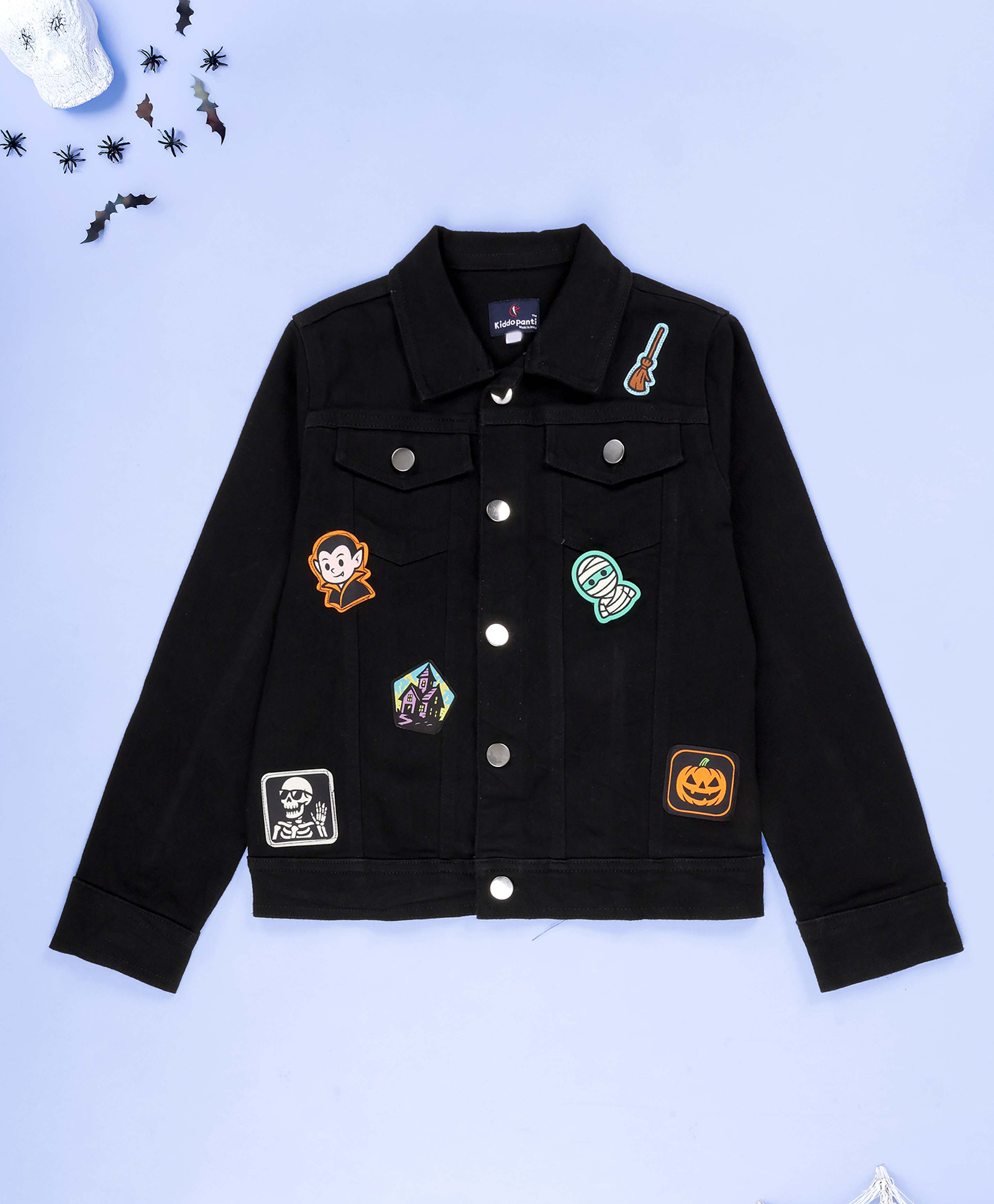 Kiddopanti Denim Woven Full Sleeves Halloween Themed Patch Detailed Jacket - Black-picture-20