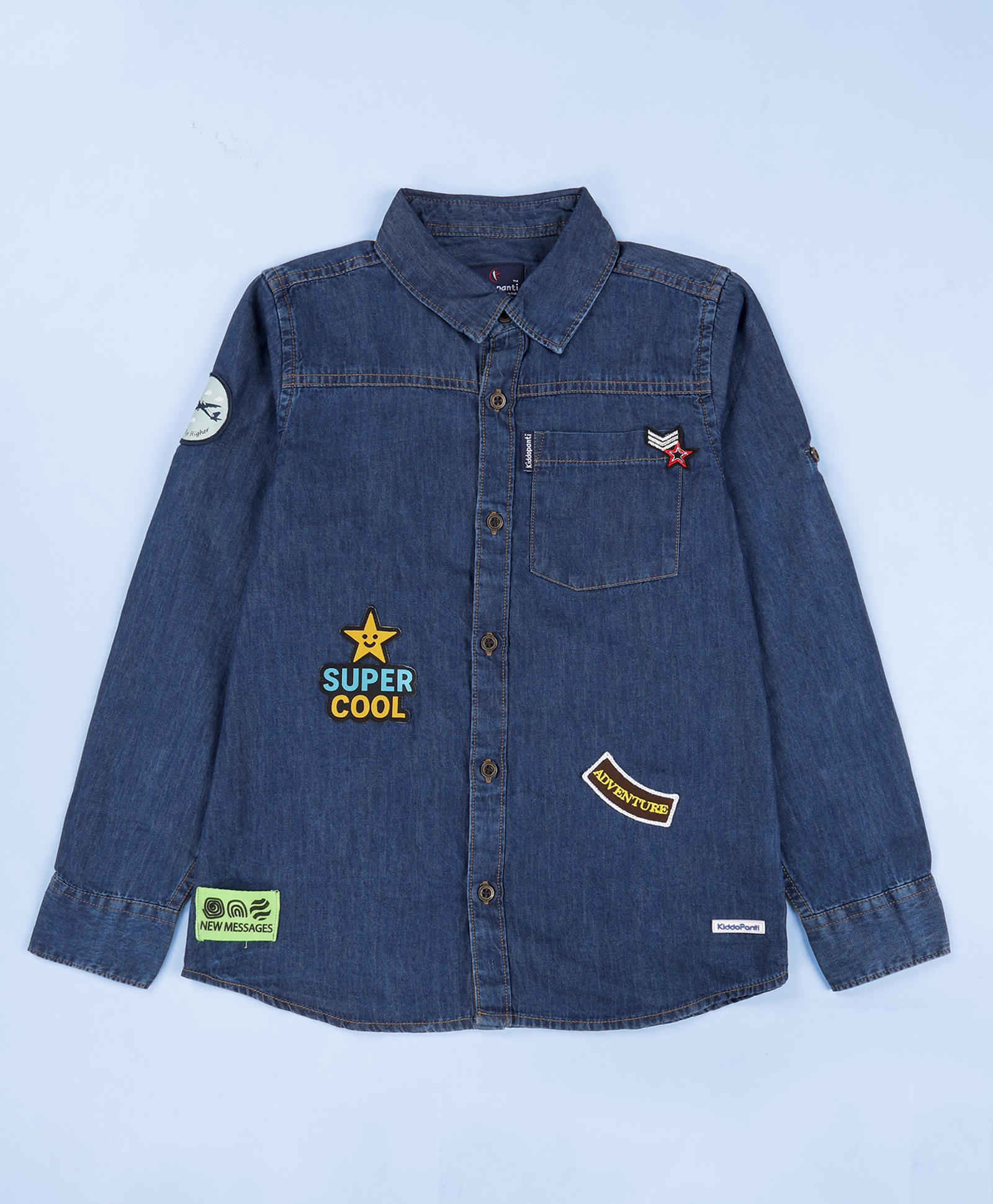 Kiddopanti Denim Woven Full Sleeves Super Cool & Adventure Text Patch Detailed Shirt - Blue-picture-36