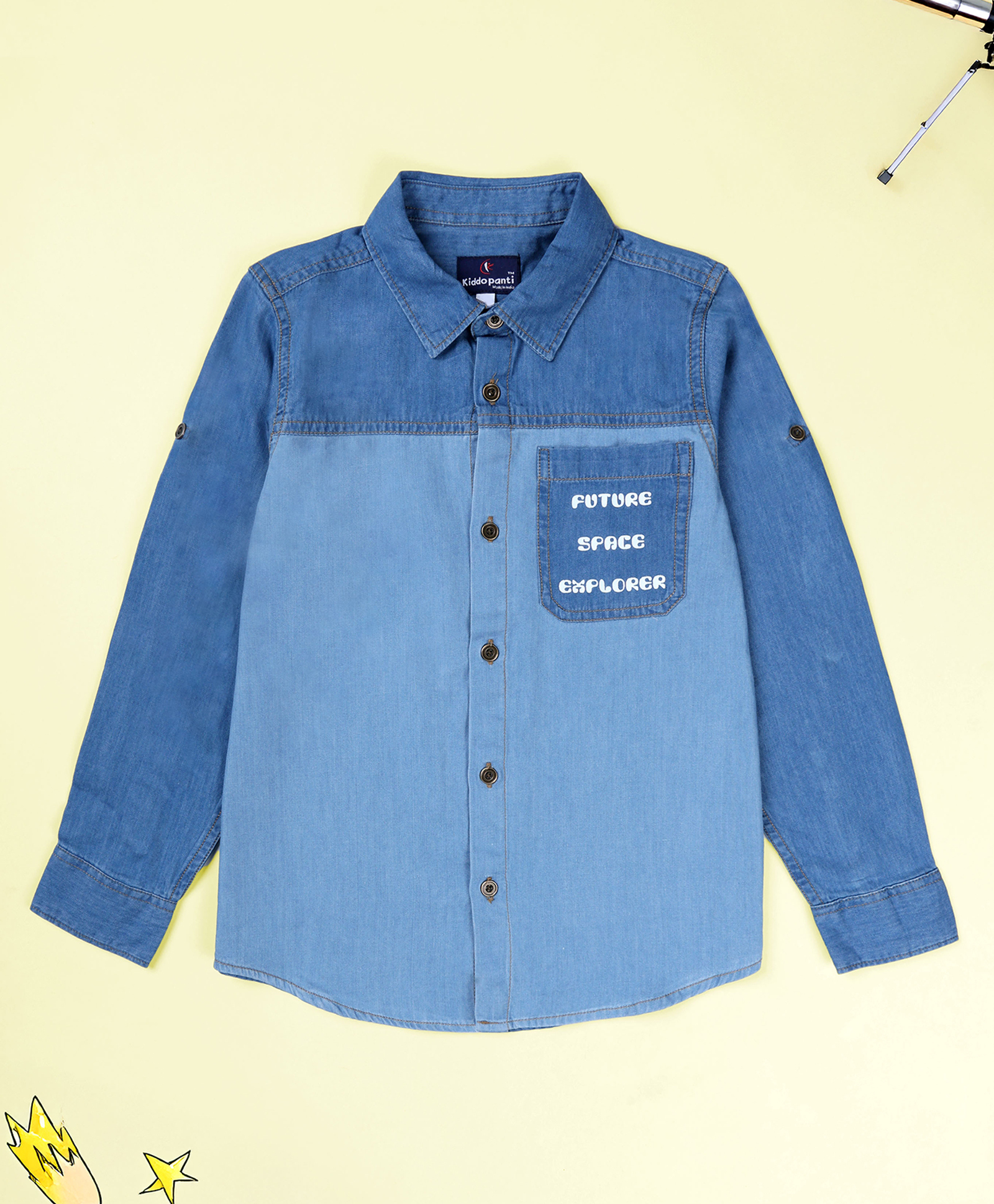 Kiddopanti Denim Woven Full Sleeves Future Space Explorer Text Printed Shirt - Light Blue-image-37