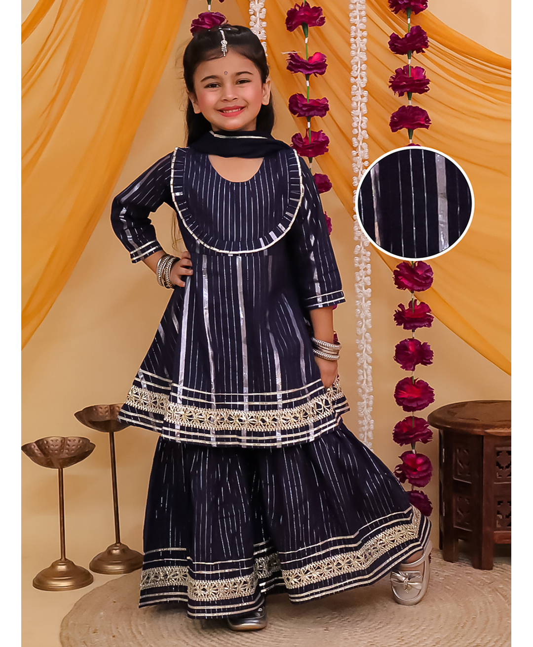 AJ Dezines Cotton Woven Three Fourth Sleeves Gota Lace Embellished & Striped Designed Kurti Sharara With Dupata Set - Navy Blue-picture-11