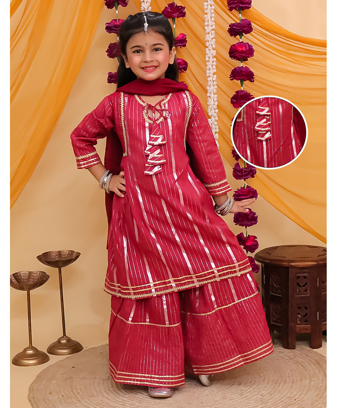 AJ Dezines Cotton Woven Three Fourth Sleeves Gota Lace Embellished & Striped Designed Kurti Sharara With Dupata Set - Maroon-picture-22