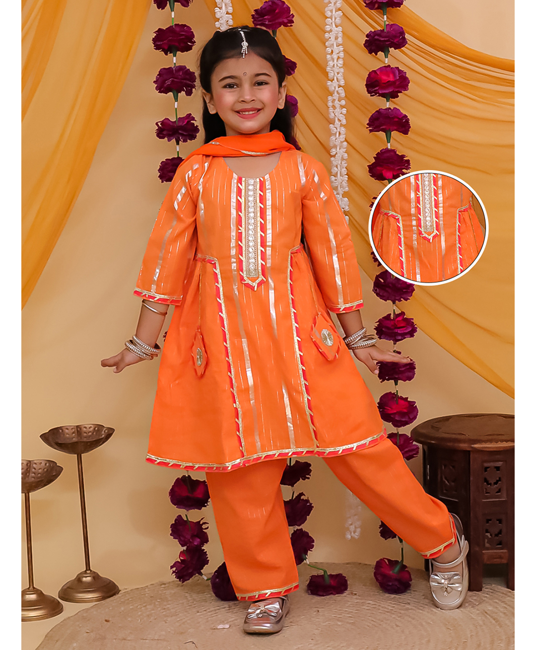AJ Dezines Cotton Woven Three Fourth Sleeves Gota Lace Embellished & Striped Designed Kurti Pant With Dupatta Set - Orange-picture-25