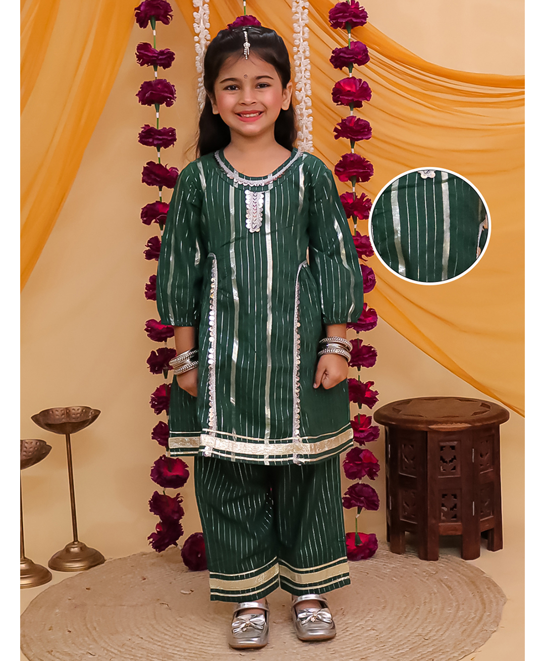 AJ Dezines Cotton Woven Three Fourth Sleeves Gota Lace Embellished & Striped Designed Kurti Pant With Dupatta Set - Dark Green-picture-19