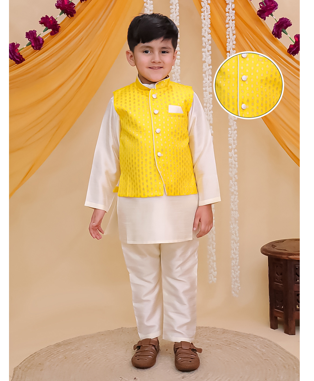 AJ Dezines Cotton Woven Full Sleeves Solid Kurta Pyjama With Floral Motif Foil Printed Jacket Set - Yellow-picture-10