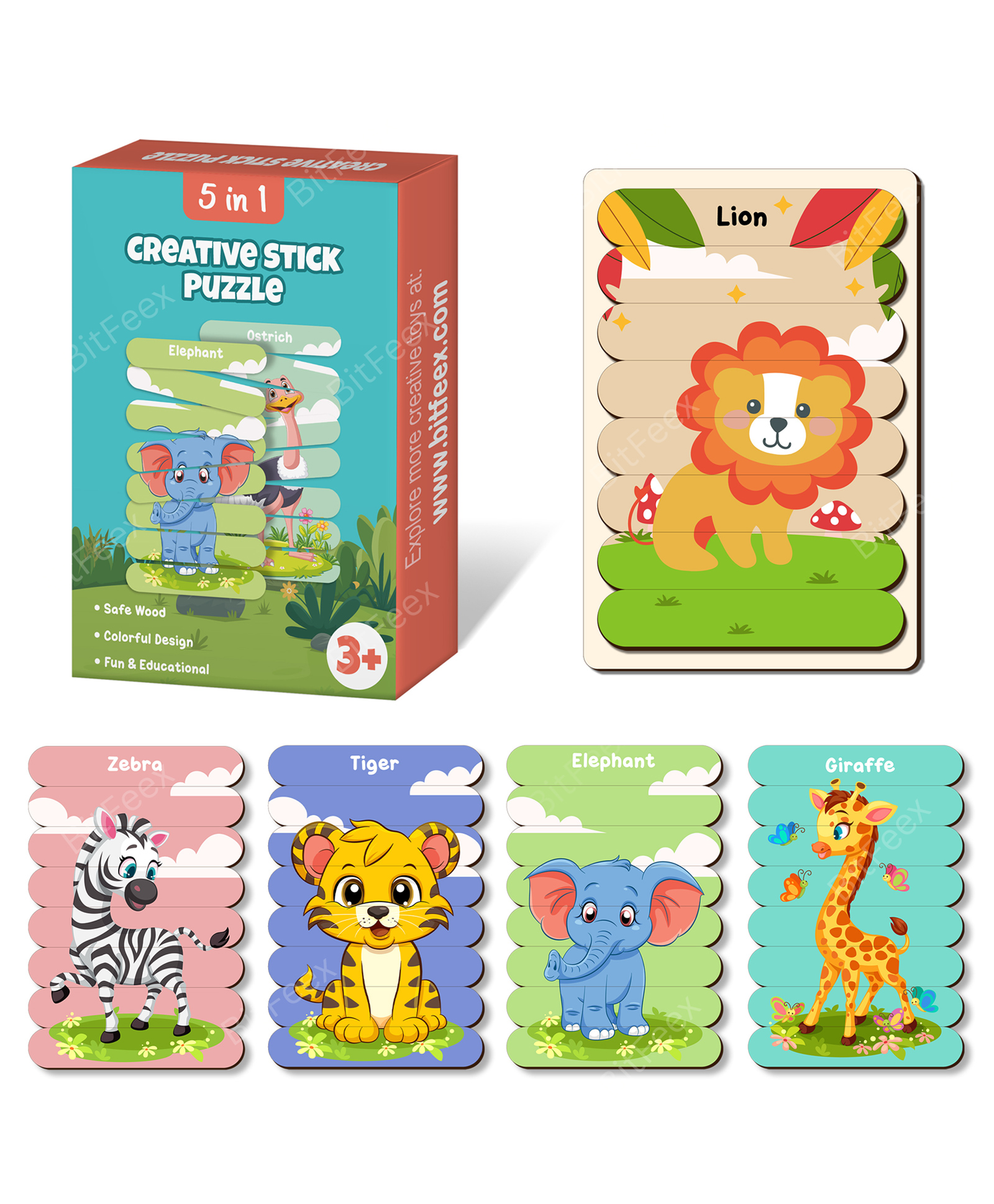 BitFeex 5-in-1 Wooden Animal Stick Puzzle for Kids Montessori Educational Puzzle Sticks Set with Tiger, Zebra, Elephant, Giraffe & Lion Wooden Learning Toy Gift Ages 3+-picture-12