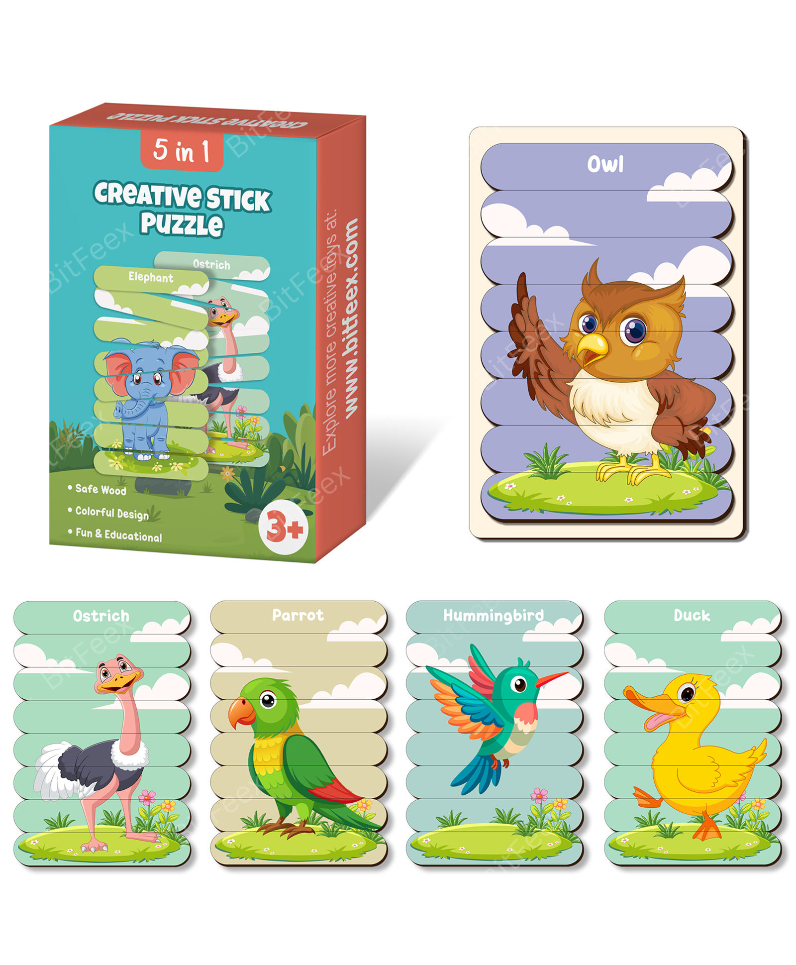 BitFeex 5-in-1 Wooden Bird Stick Puzzle for Kids Montessori Animal Puzzle Sticks Set with Owl, Duck, Ostrich, Parrot & Hummingbird Fun Educational Wooden Toy Gift Ages 3+-picture-23
