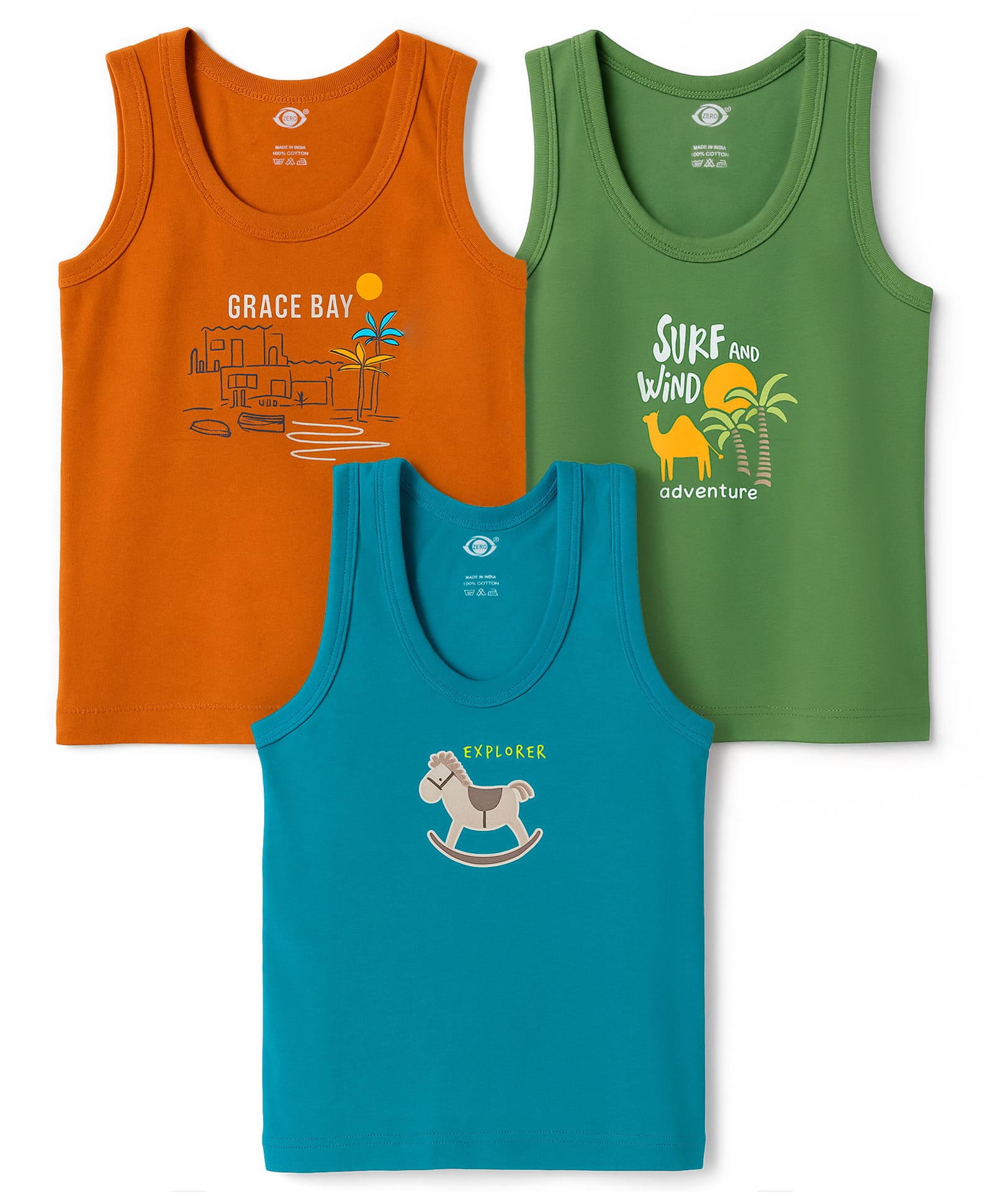 Zero Knit Sleeveless Vests With Beach Theme Print Pack of 3 - Blue Green & Rust-image-21