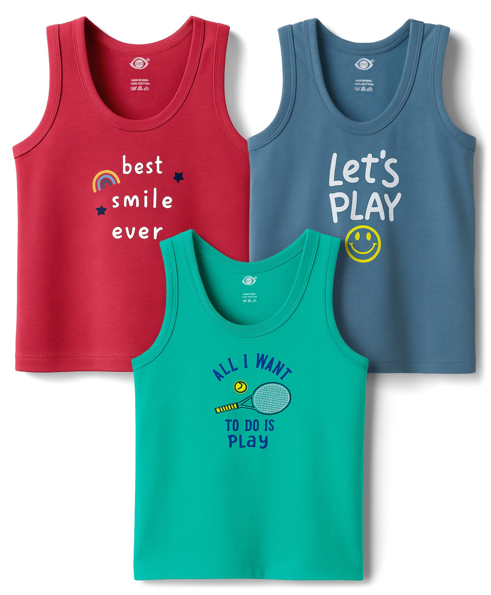 Zero Knit Sleeveless Vests With Text Print Pack of 3 - Sea Green Red & Blue-picture-23