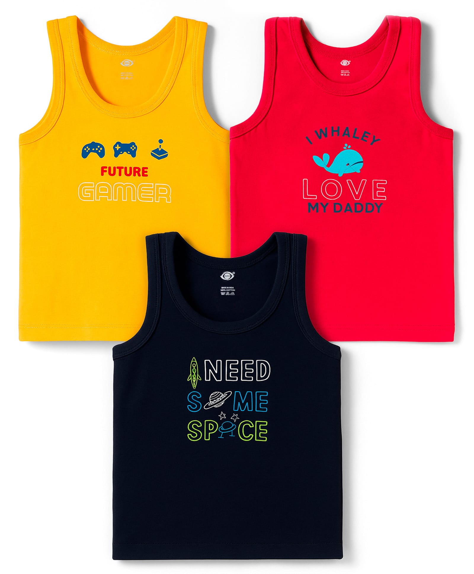 Zero Knit Sleeveless Vests With Text Print Pack of 3 - Navy Blue Red & Yellow-picture-6