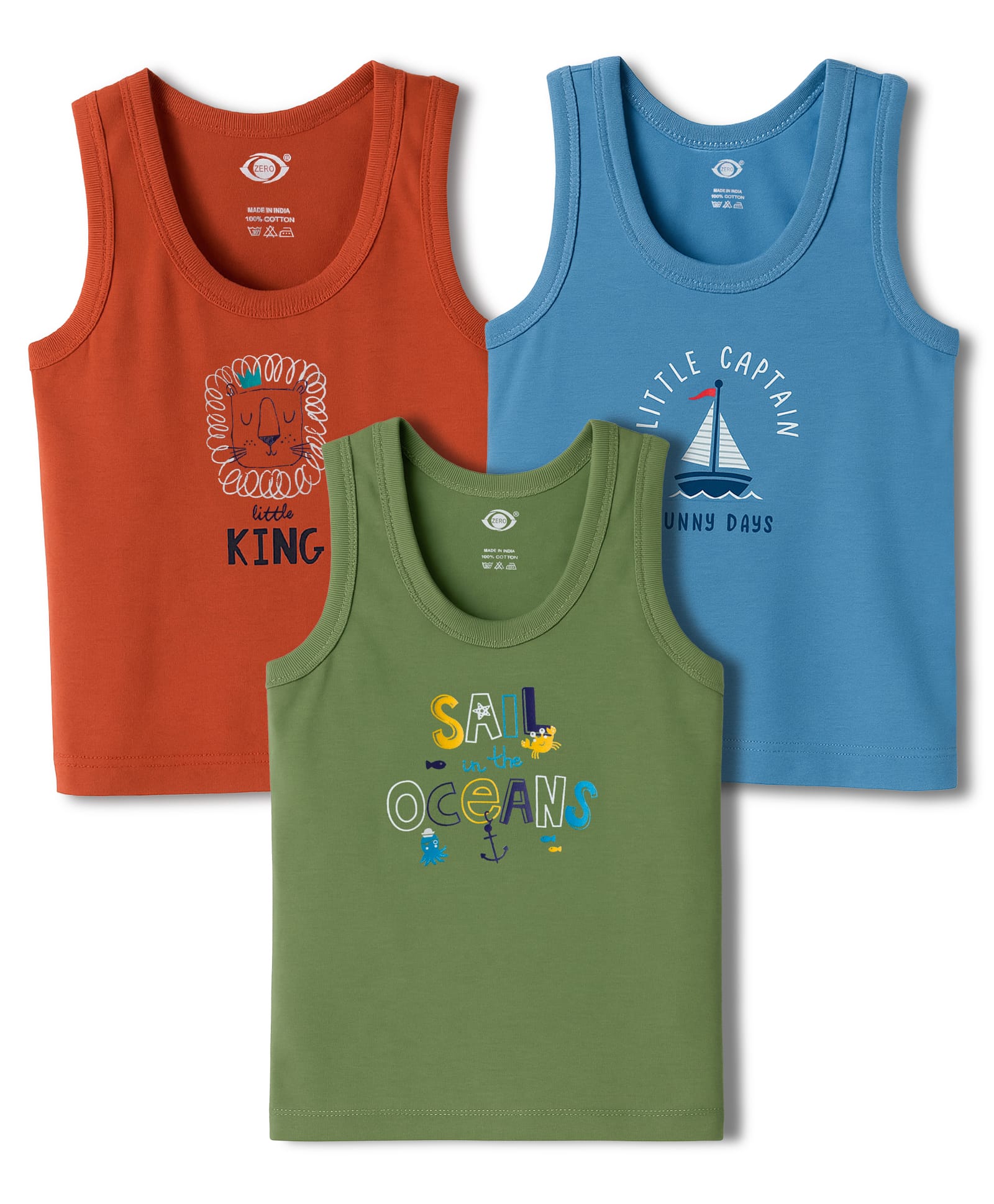 Zero Knit Sleeveless Vests With Lion & Boat Print Pack of 3 - Green Blue & Rust-picture-2