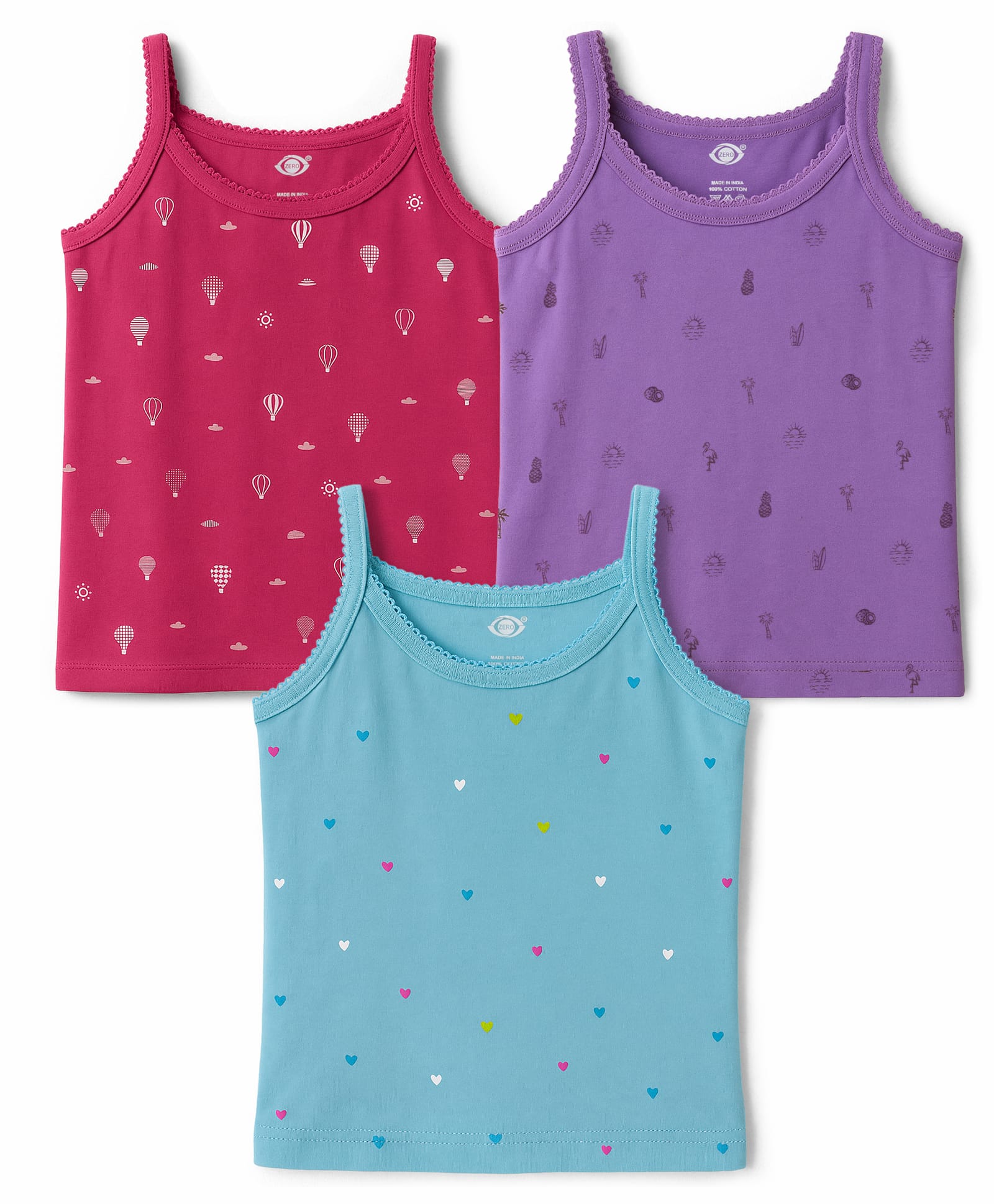 Zero Sinker Knit Sleeveless Slips With Heart & Tropical Theme Print Pack of 3 - Red Blue & Purple-picture-41