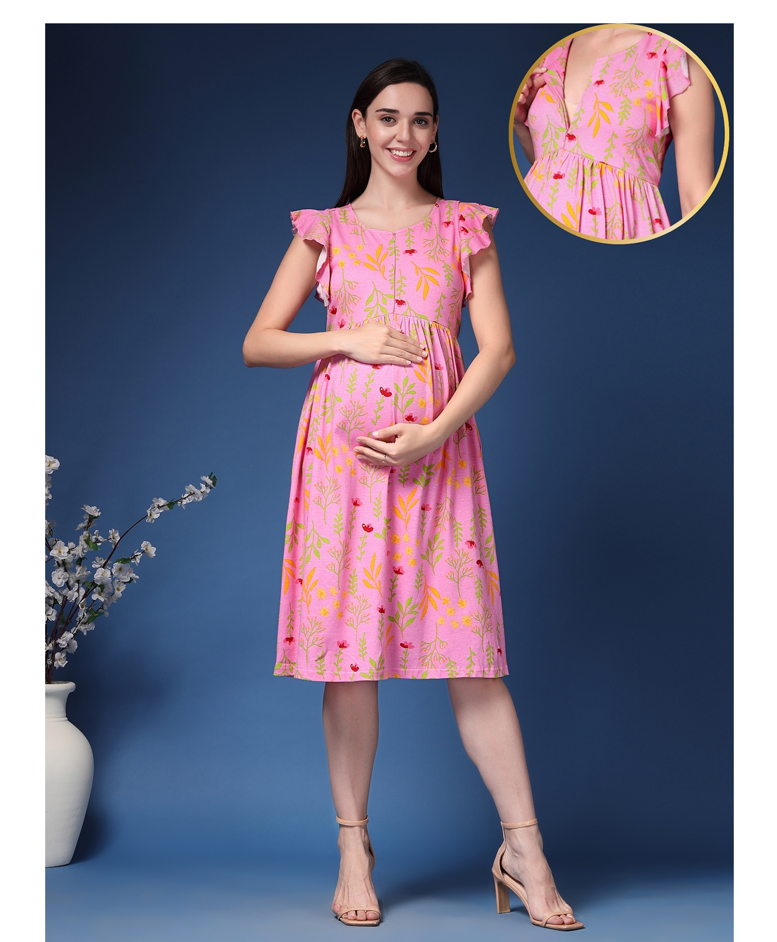Zelena 95% Cotton 5% Elastane Knit Flutter Sleeves Floral Printed Maternity Dress With Centre Front Nursing Access - Baby Pink-image-47