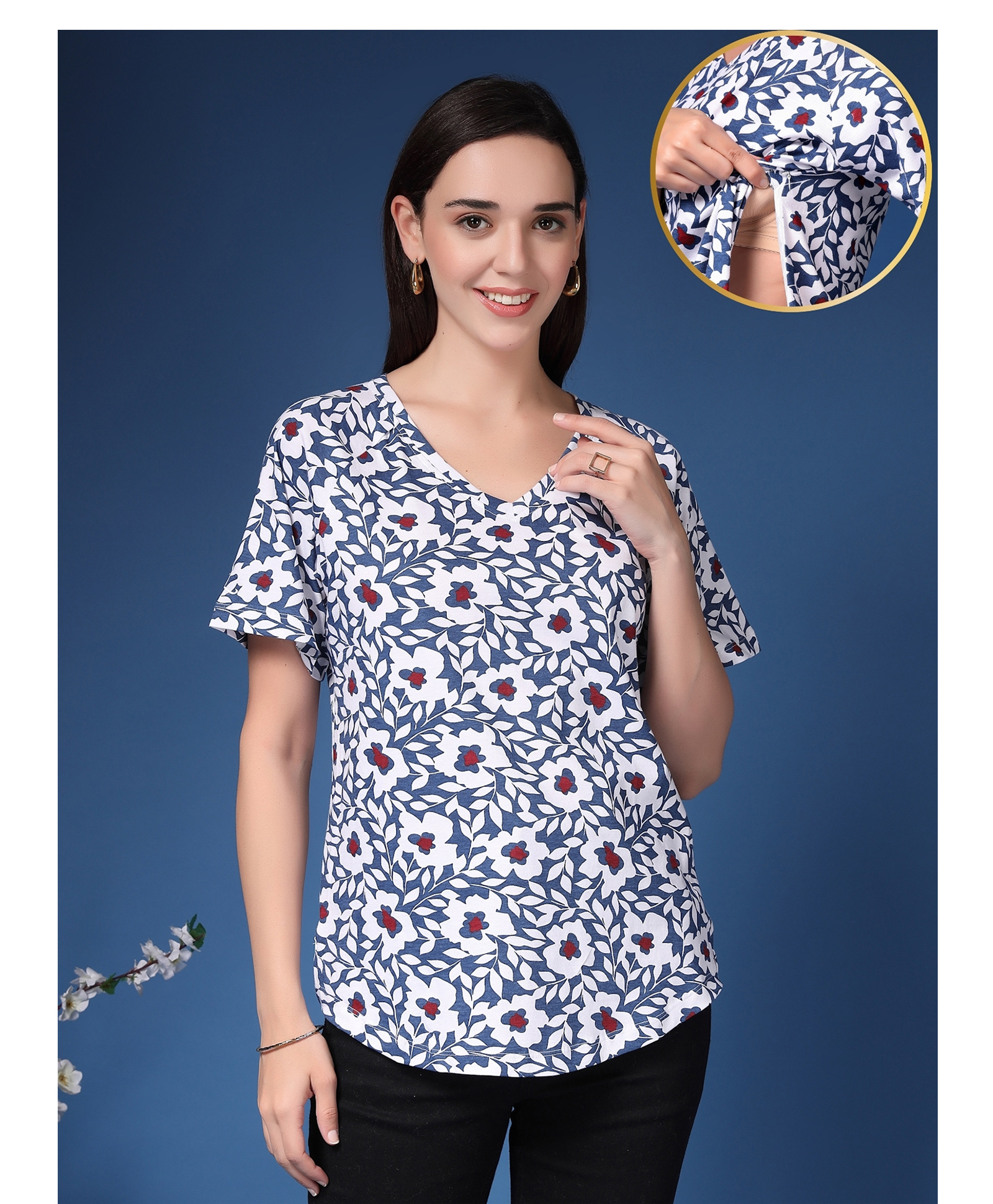 Zelena 95% Cotton 5% Elastane Knit Half Sleeves Floral Printed Maternity Top With Side Seem Nursing Access - Navy Blue-image-8