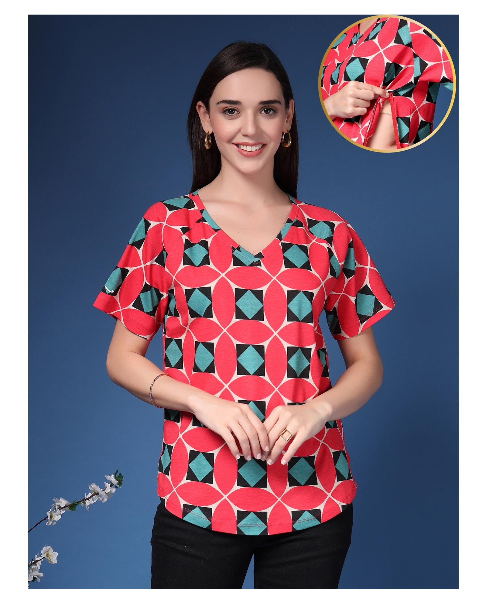 Zelena 95% Cotton 5% Elastane Knit Half Sleeves Geometric Printed Maternity Top With Side Seem Nursing Access - Dark Red-image-45