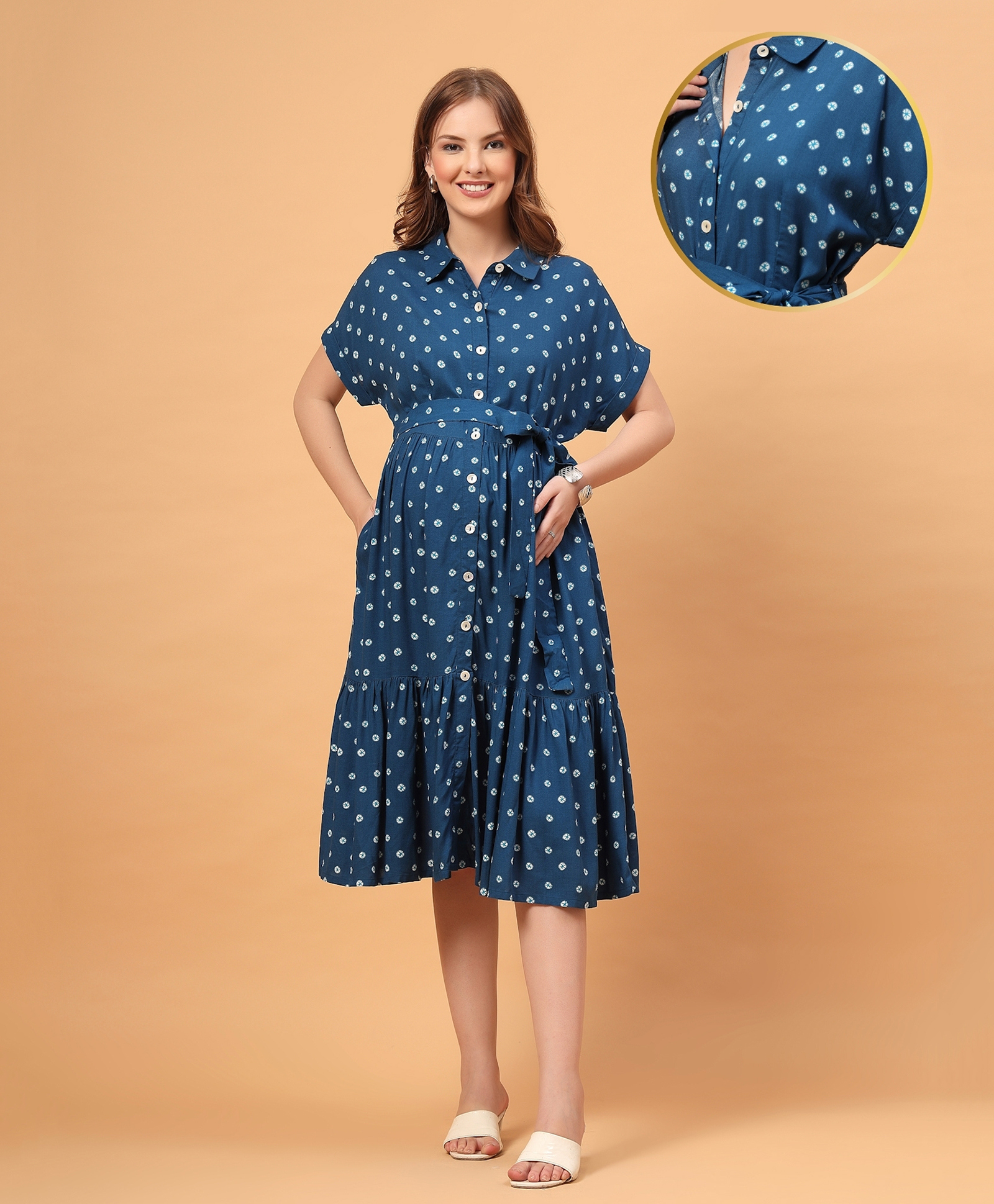 Zelena Nancy 100% Rayon Woven Half Sleeves Tie Dye Maternity Shirt Style Dress With Centre Front Nursing Access - Blue-image-30