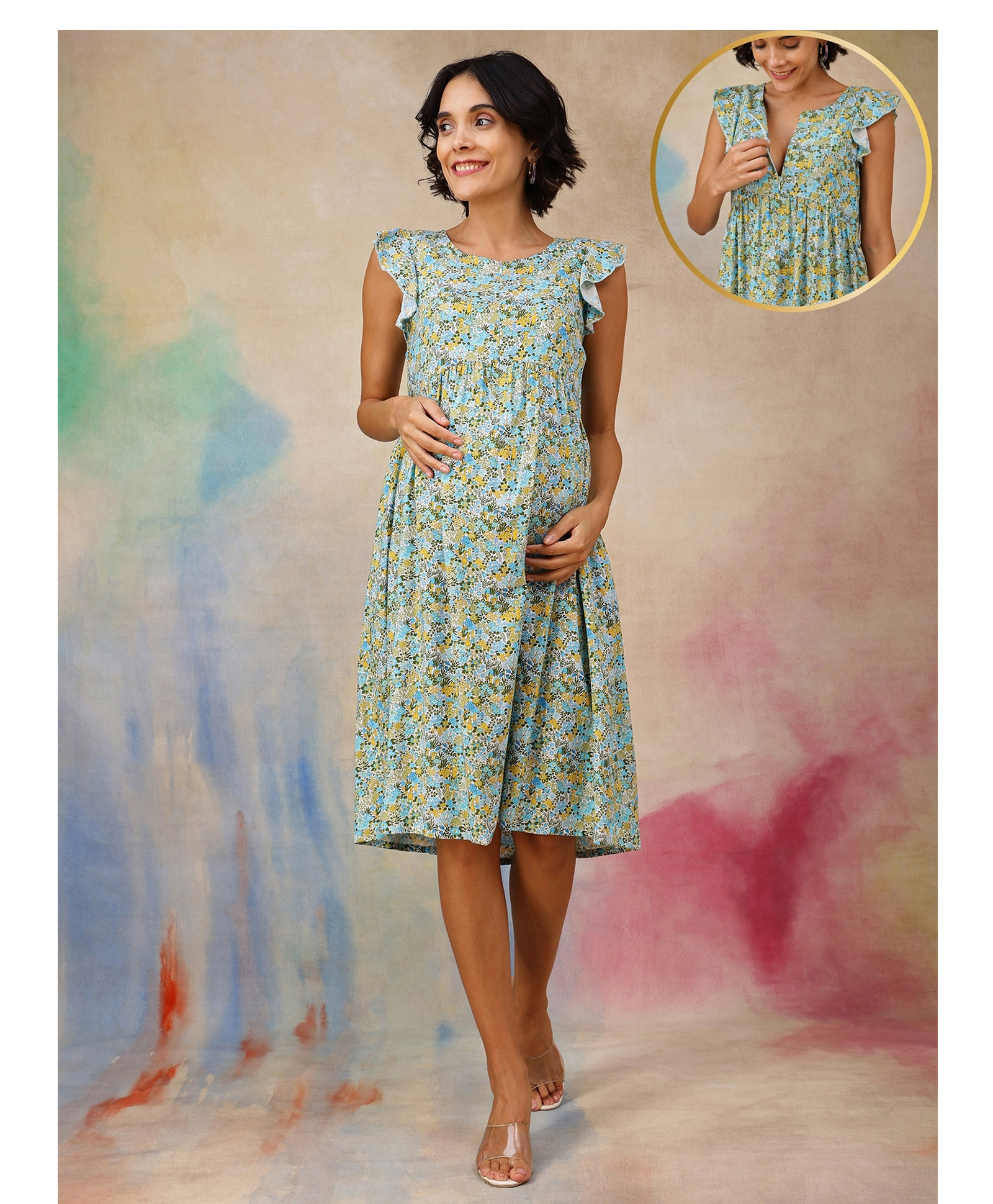 Zelena 100% Rayon Woven Frill Sleeves Floral Printed Maternity Dress With Centre Front Access - Blue-image-16
