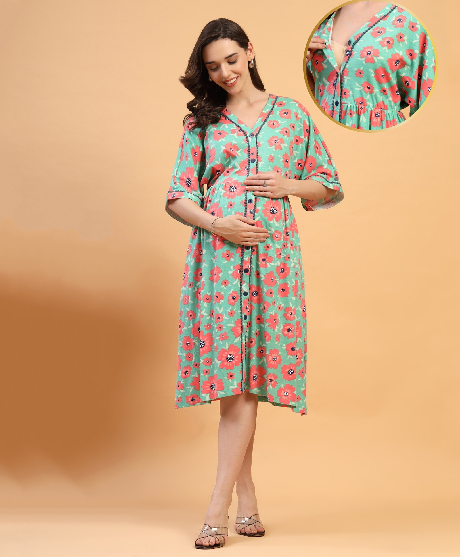 Zelena 95% Cotton 5% Elastane Woven Three Fourth Sleeves Floral Printed Maternity Dress With Centre Front Access - Green-image-14