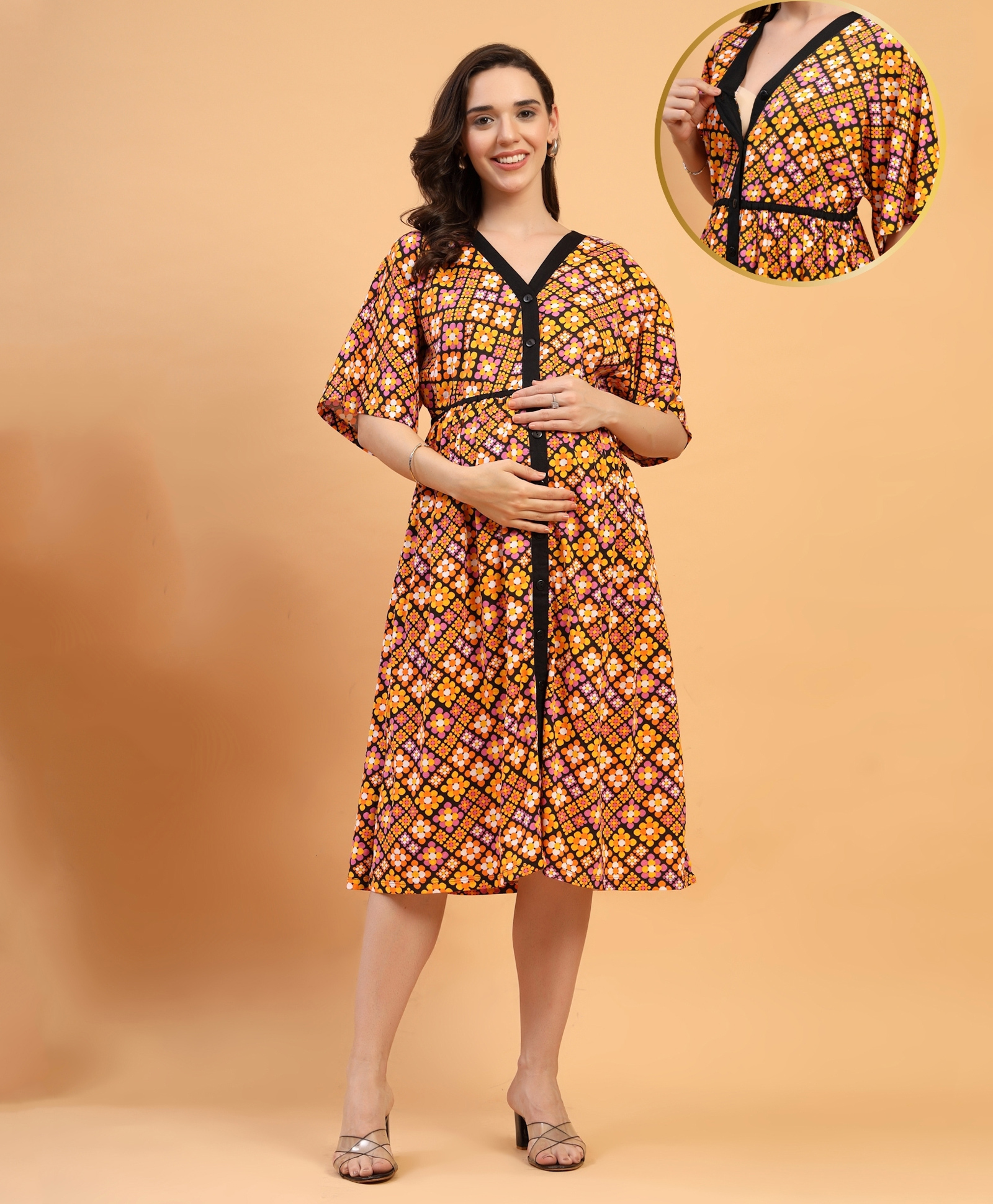 Zelena 95% Cotton 5% Elastane Woven Three Fourth Sleeves Abstract Printed Maternity Dress With Centre Front Access - Orange-image-47