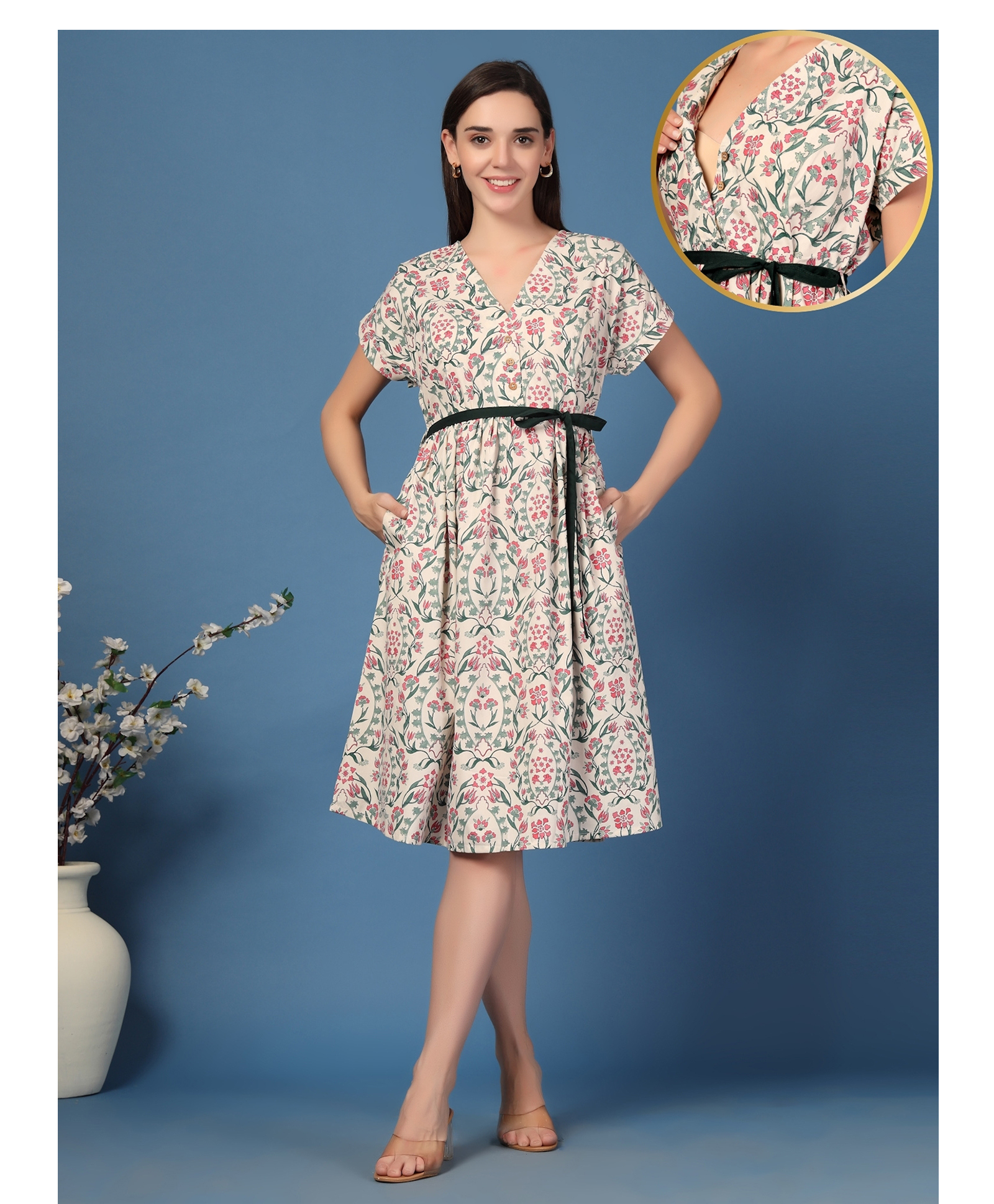 Zelena 100% Cotton Woven Half Sleeves Floral Printed Maternity Dress With Centre Front Access - Skin-image-7