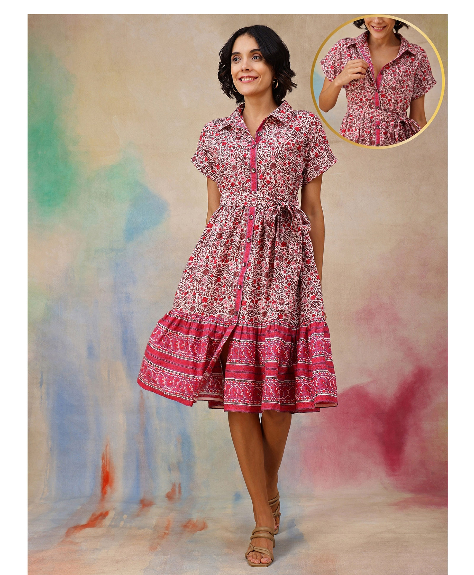 Zelena 100% Cotton Woven Half Sleeves Floral Printed Maternity Shirt Style Dress With Centre Front Access - Multi Colour-image-42