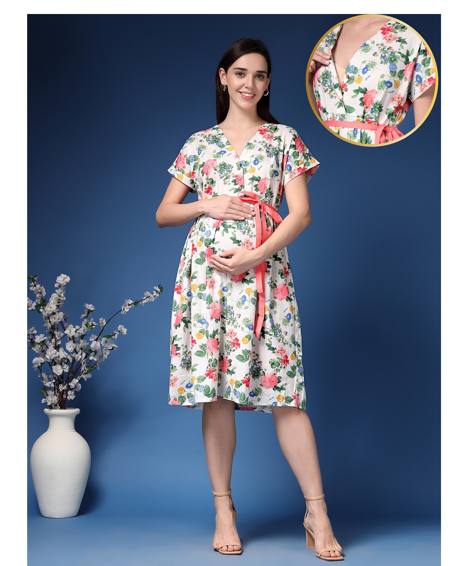 Zelena 100% Cotton Woven Half Sleeves Floral Printed Maternity Dress With Centre Front Access - Off White-picture-33