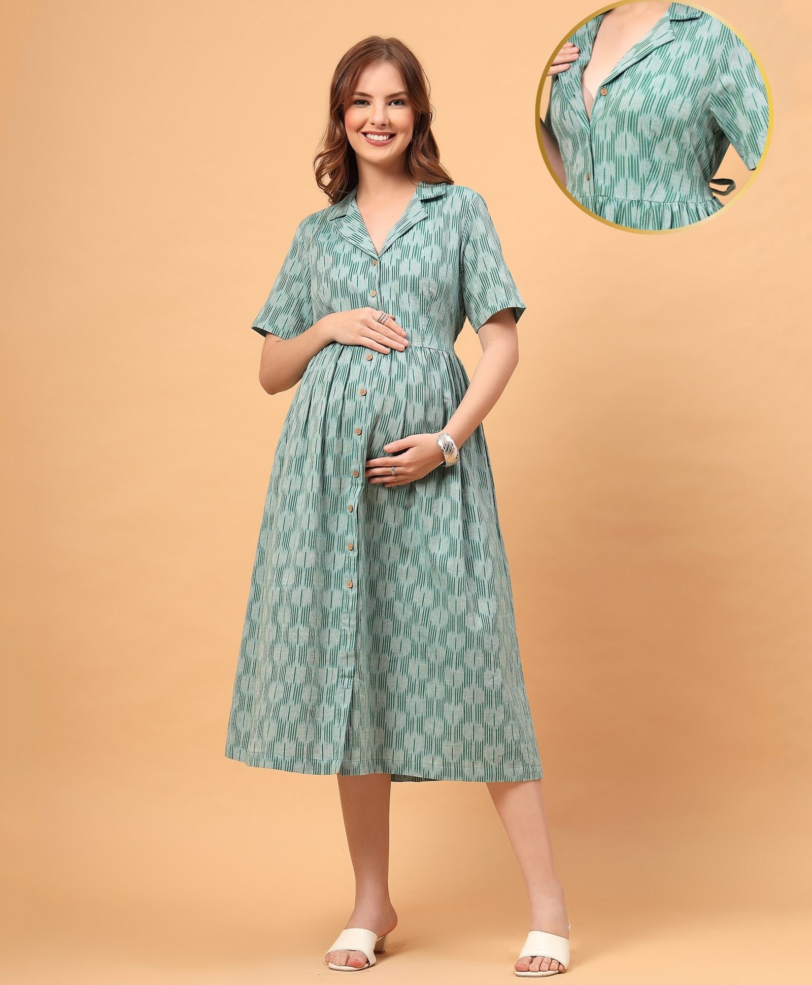 Zelena 100% Cotton Woven Half Sleeves Ikat Printed Maternity Shirt Style Dress With Centre Front Access - Sage Green-picture-29