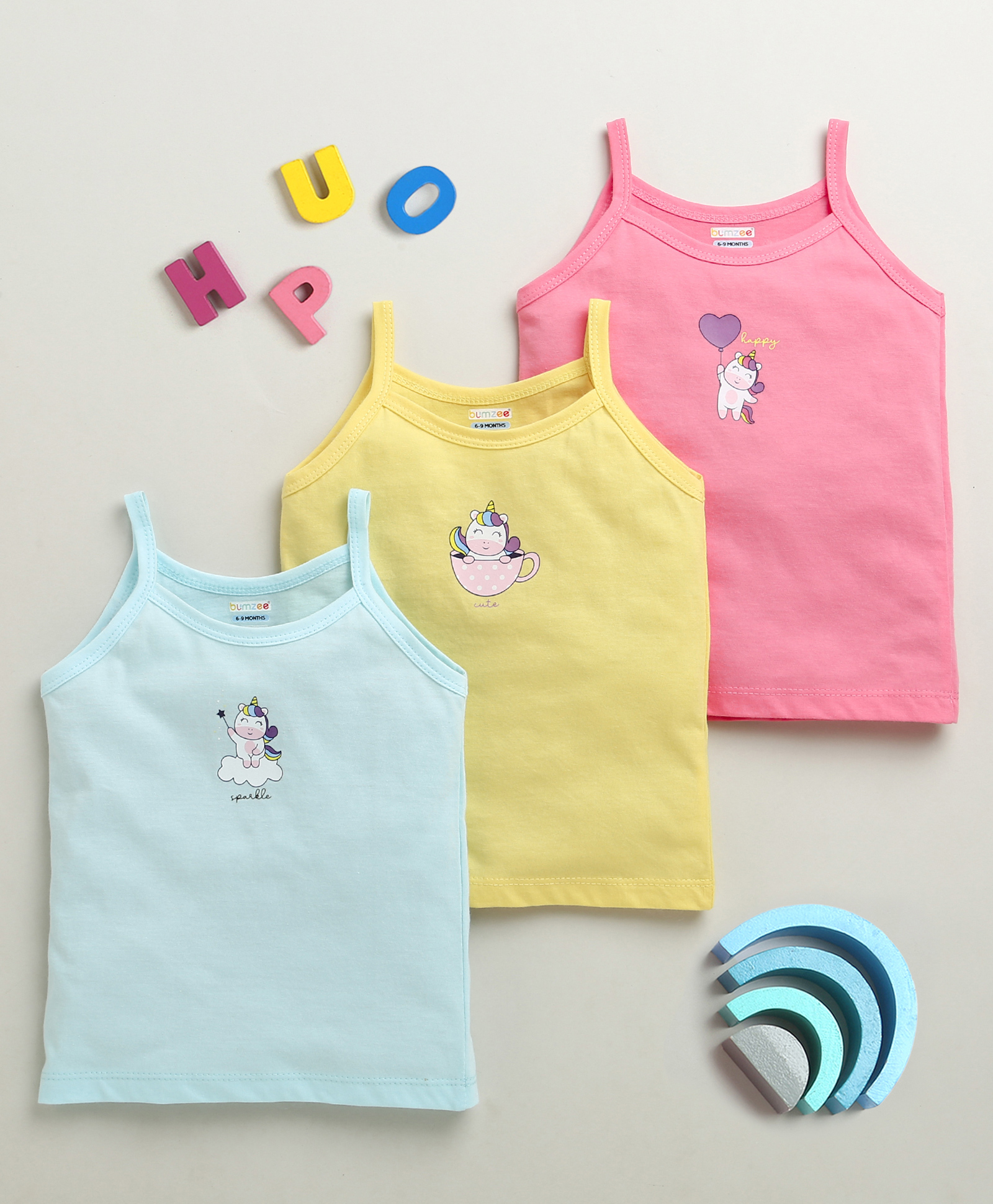 BUMZEE Cotton Knit Pack Of 3 Sleeveless Unicorn Printed Slips - Yellow & Pink-picture-27