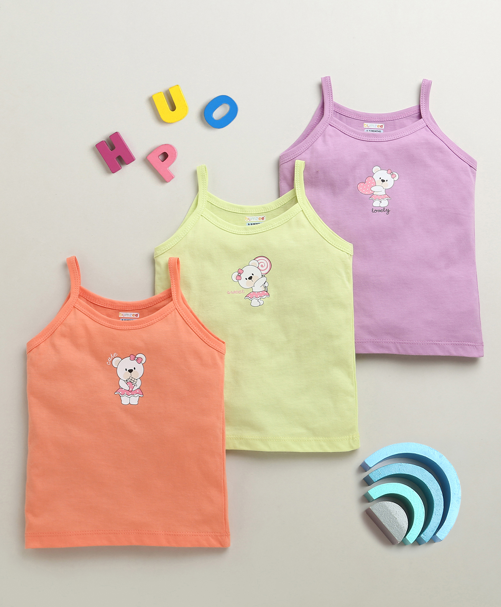 BUMZEE Cotton Knit Pack Of 3 Sleeveless Bear Printed Slips - Peach & Lavender-image-13