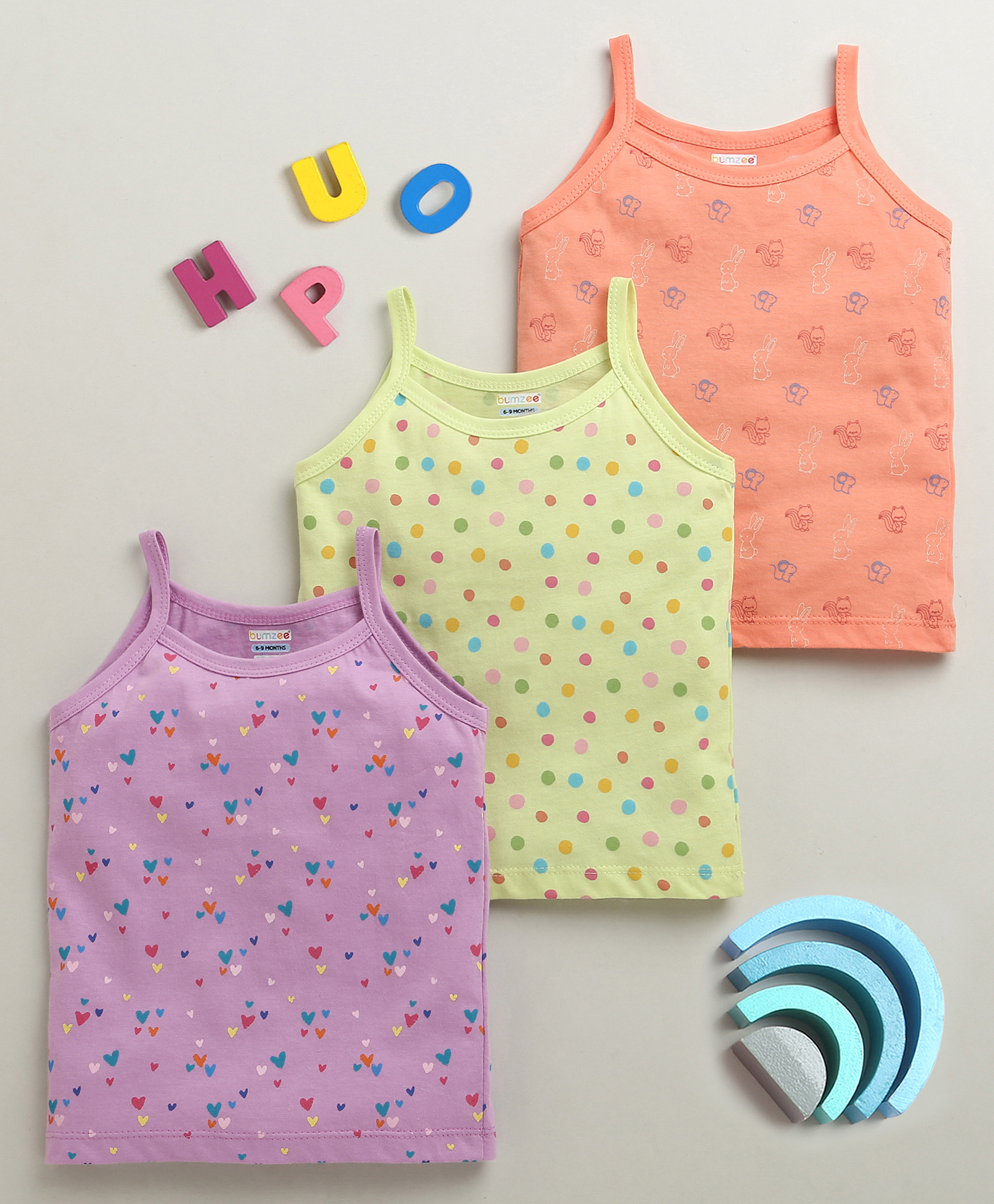 BUMZEE Cotton Knit Pack Of 3 Sleeveless Hearts & Polka Dots Printed Slips - Peach & Lavender-image-19