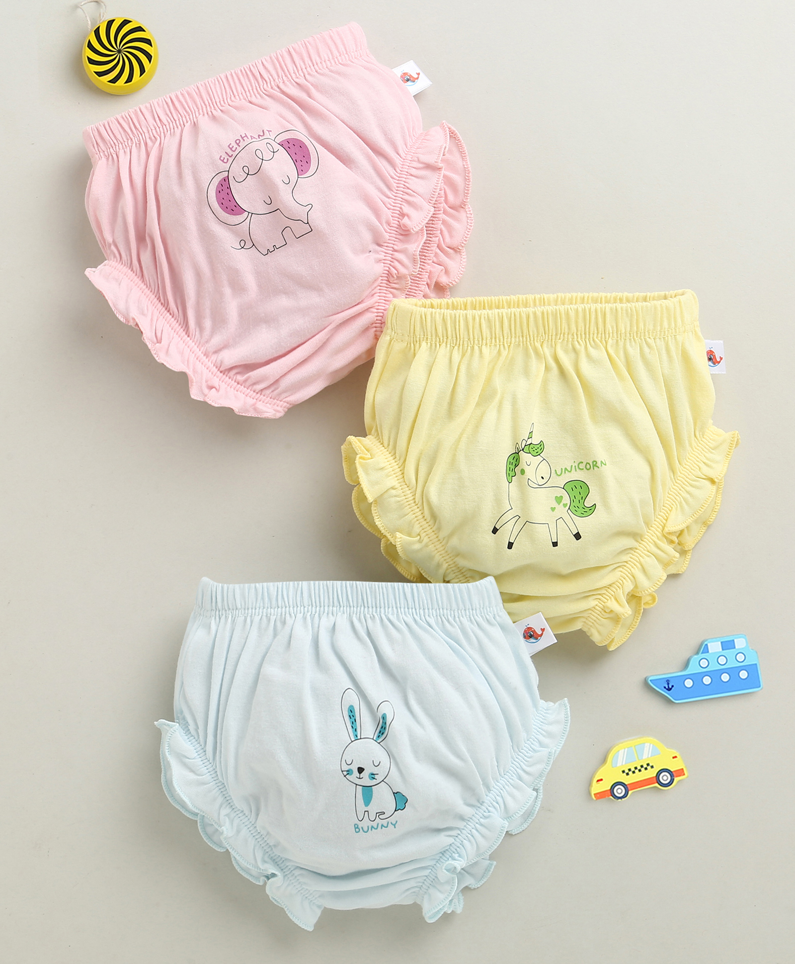 BUMZEE Cotton Knit Pack Of 3 Cute Animals Printed Panties - Yellow & Sky Blue-picture-22