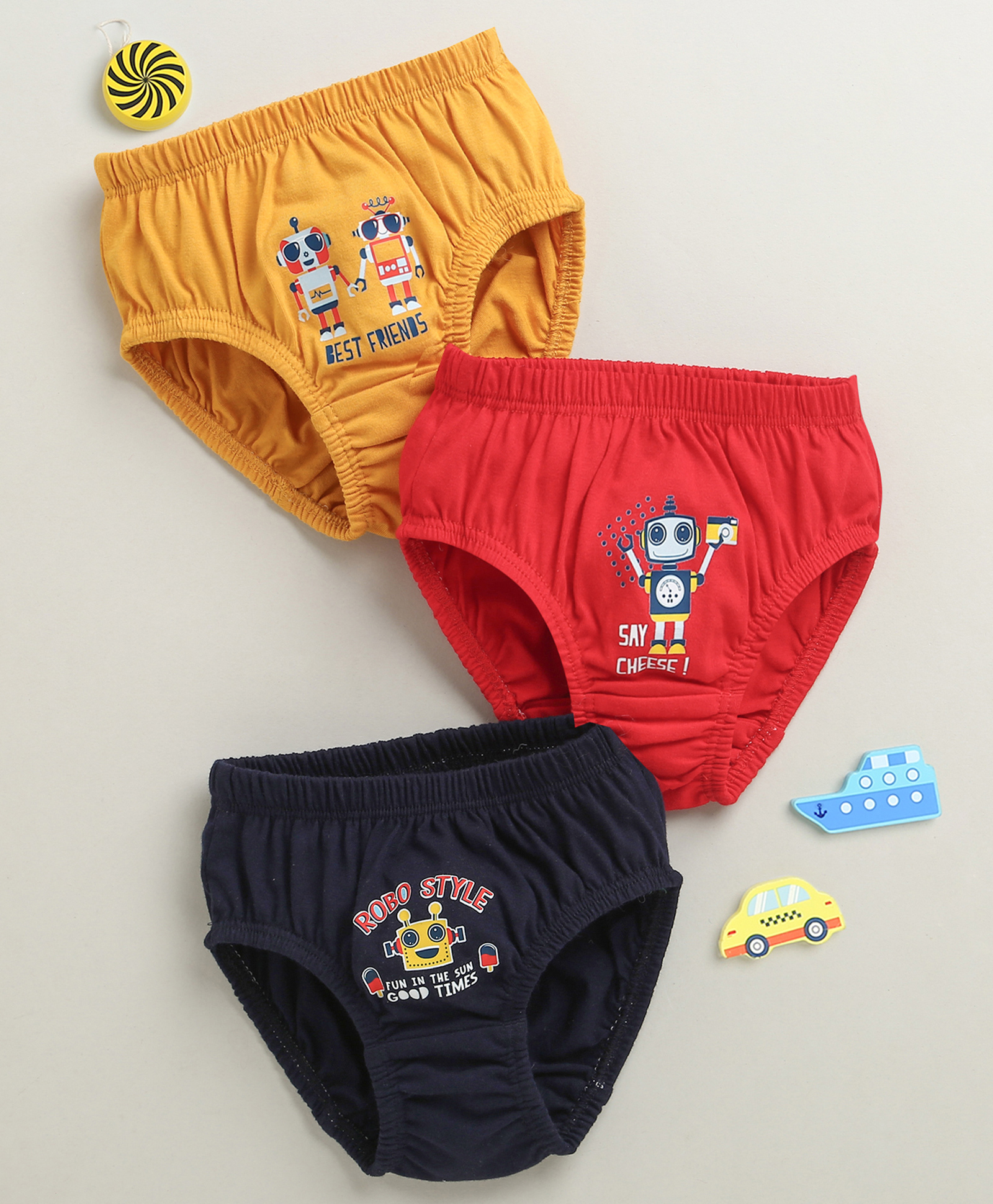 BUMZEE Cotton Knit Pack Of 3 Robot Printed Briefs - Red & Navy-image-36