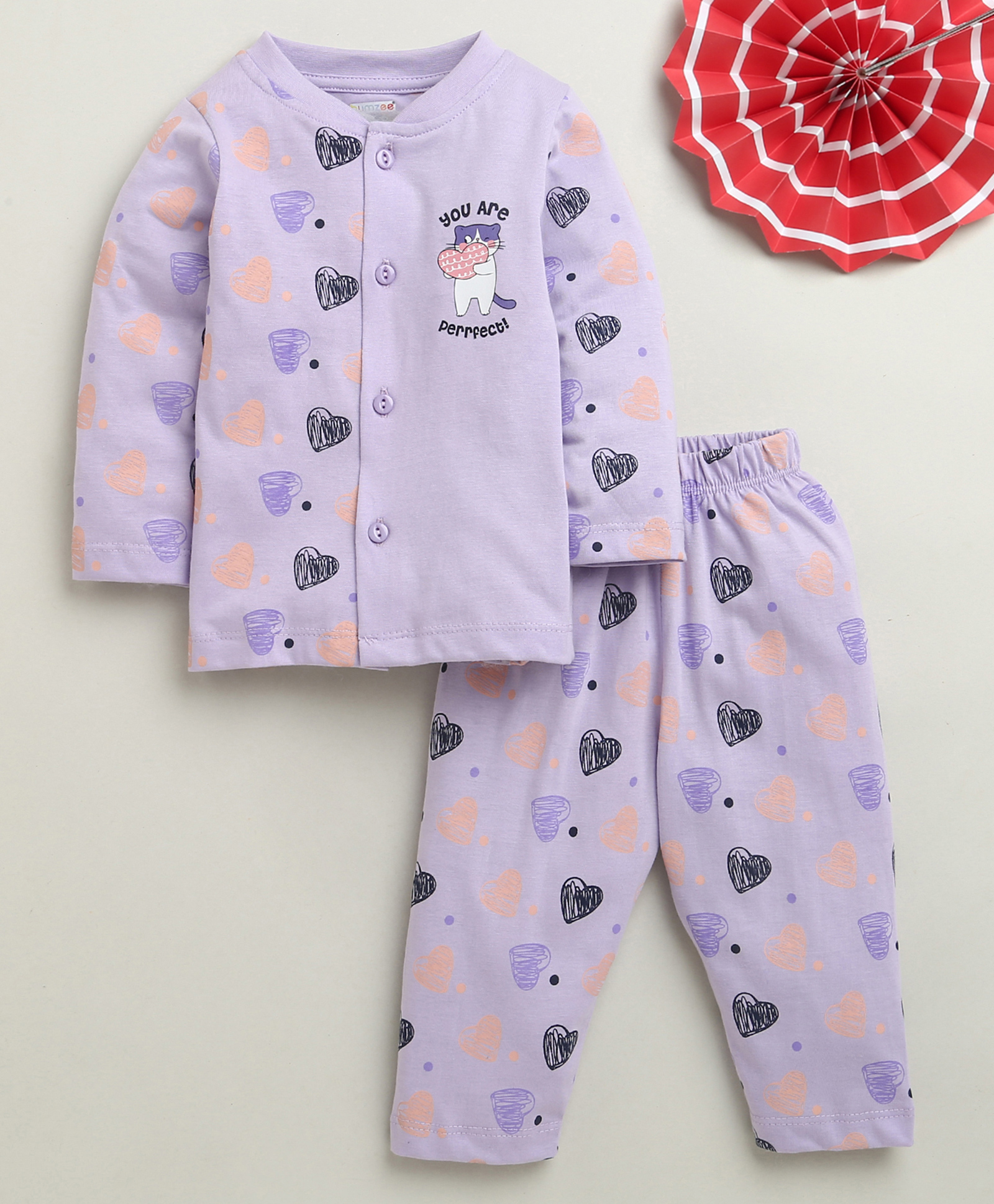 BUMZEE Cotton Knit Full Sleeves Hearts & Kitten With Heart Printed Coordinating Night Suit Set - Lavender-image-23
