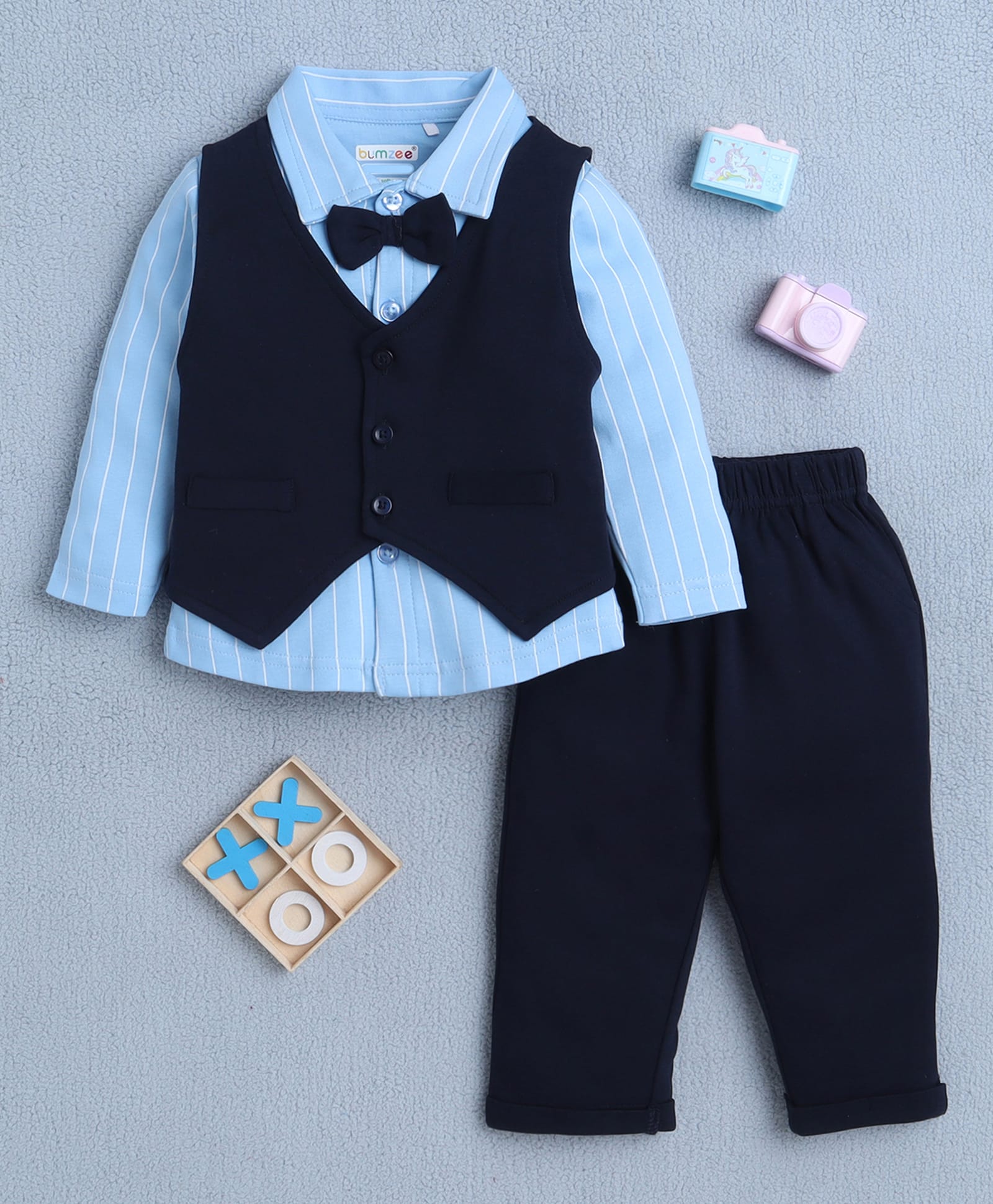 BUMZEE Cotton Knit Full Sleeves Striped 3 Piece Party Suit With Attached Bow - Sky Blue & Navy Blue-image-3
