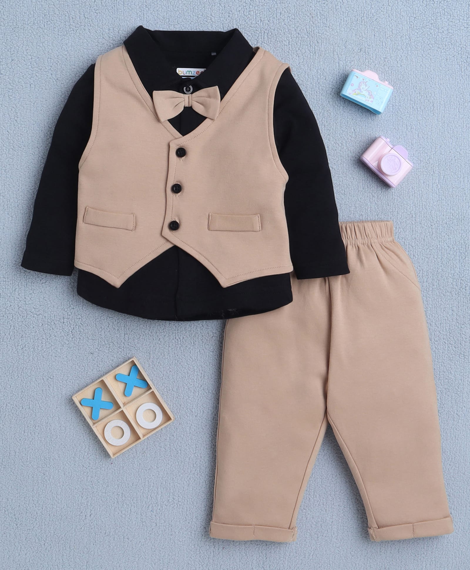 BUMZEE Cotton Knit Full Sleeves Solid 3 Piece Party Suit With Attached Bow - Black & Beige