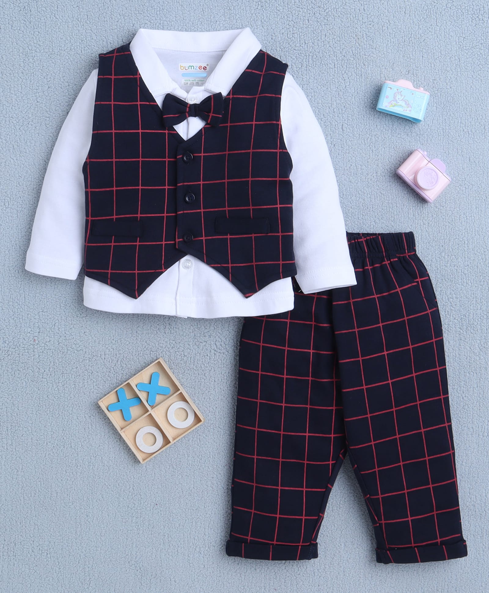 BUMZEE Cotton Knit Full Sleeves Checked 3 Piece Party Suit With Attached Bow - White & Navy-image-27
