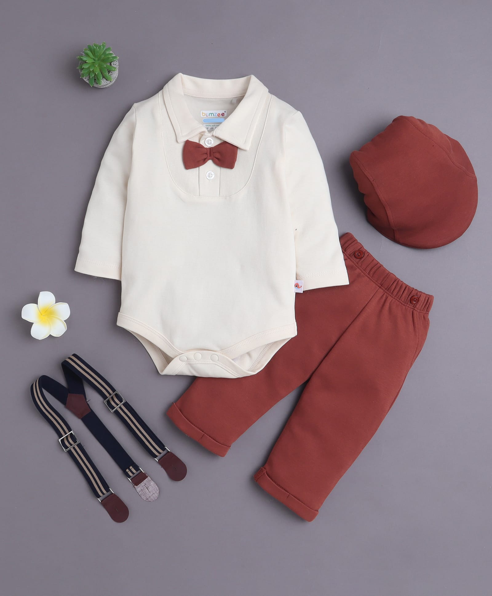 BUMZEE Cotton Knit Full Sleeves Solid Onesie With Attached Bow & Pant Set With Suspender & Cap - Brown & Cream-picture-37