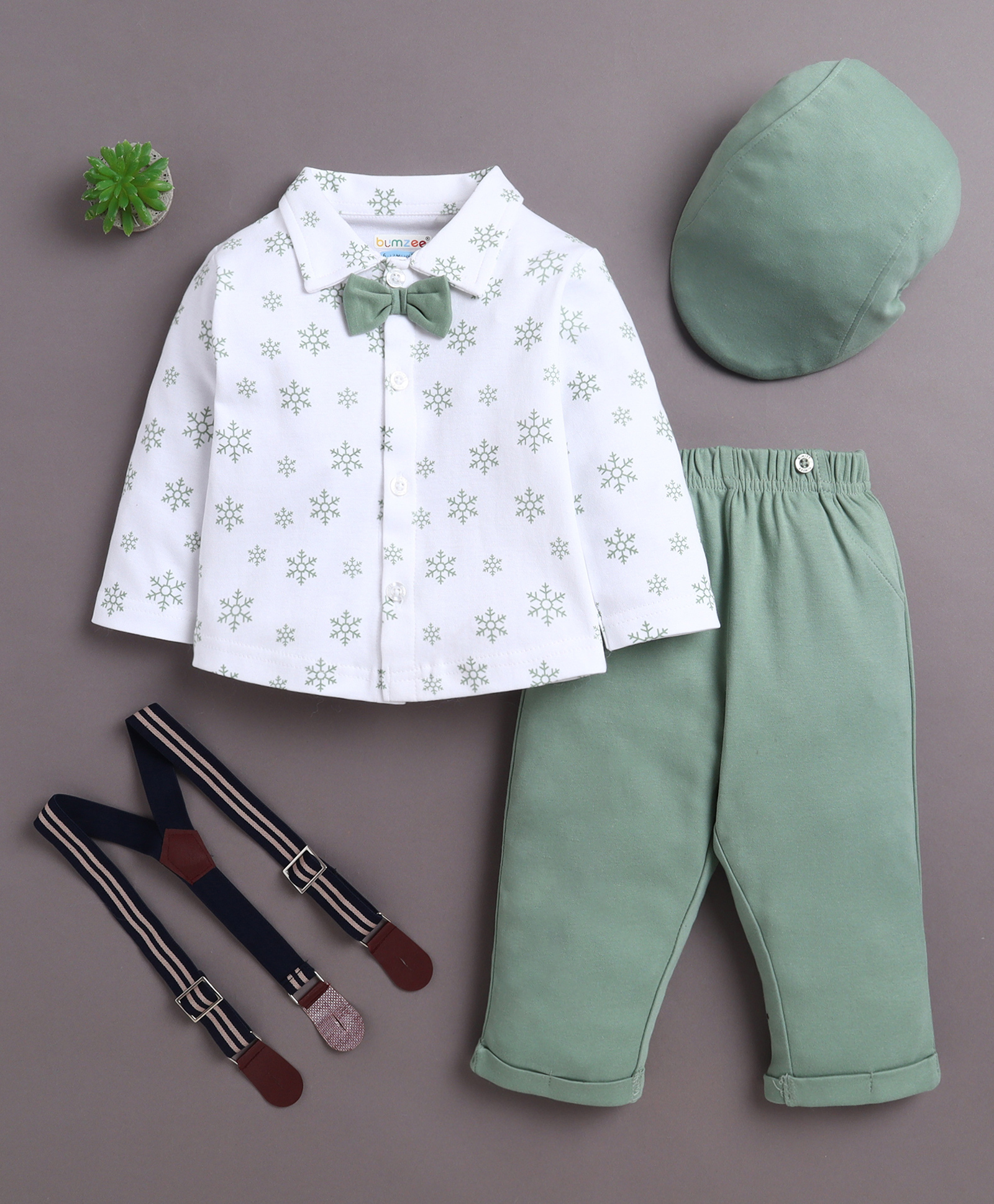 BUMZEE Cotton Knit Full Sleeves Snowflakes Printed Shirt With Attached Bow & Pant Set With Suspender & Cap - Green & White-picture-29