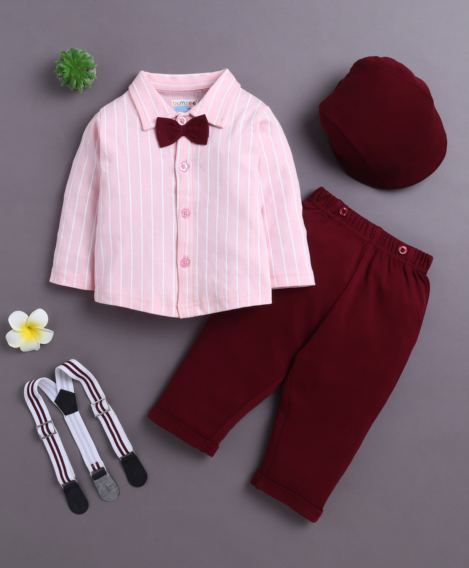 BUMZEE Cotton Knit Full Sleeves Vertical Striped Shirt With Attached Bow & Pant Set With Suspender & Cap - Maroon & Pink-image-29
