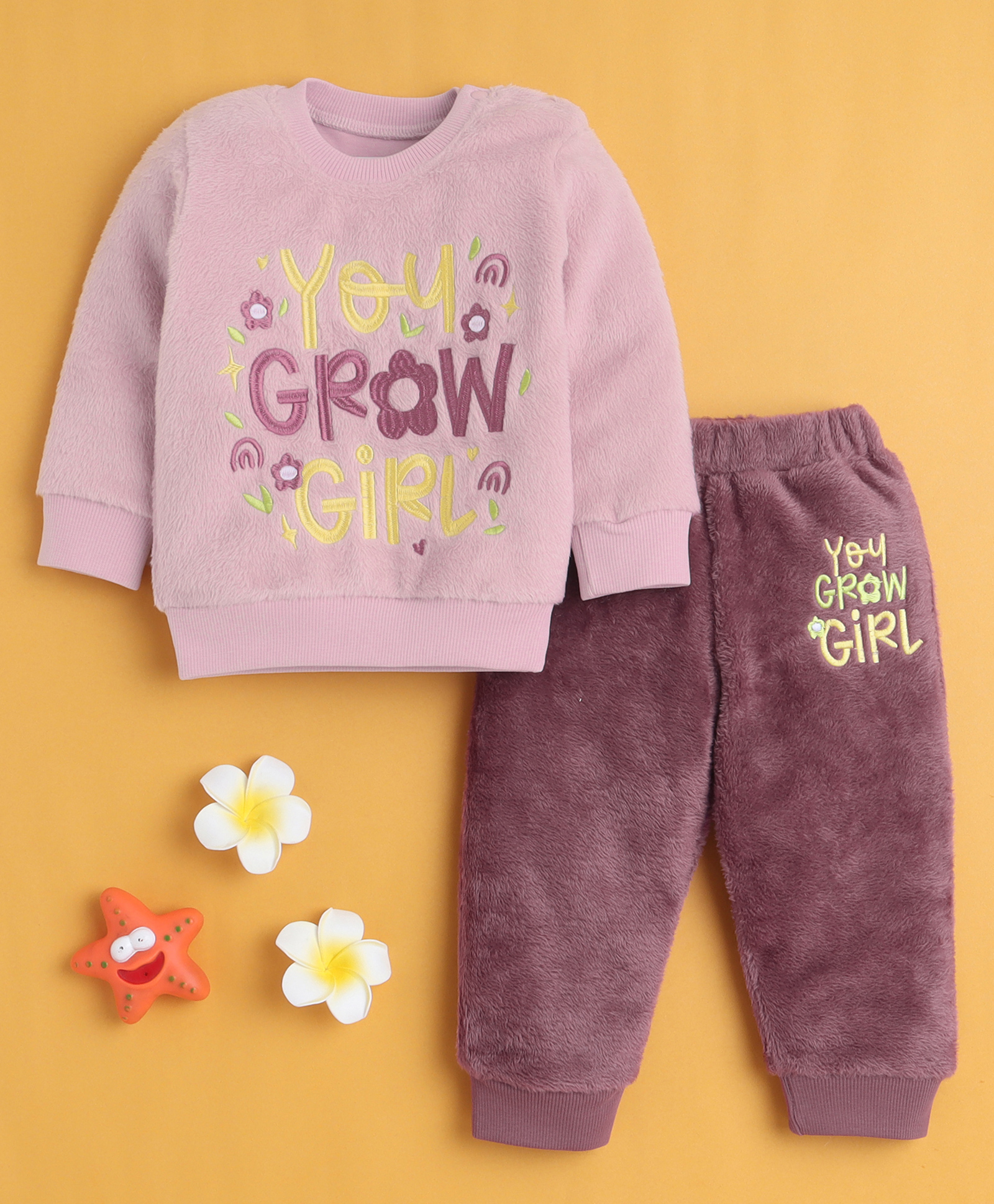 BUMZEE Cotton Blend Knit Full Sleeves You Grow Girl Text Embroidered Light Winter Sweatshirt & Jogger Set - Mauve & Pink-image-41