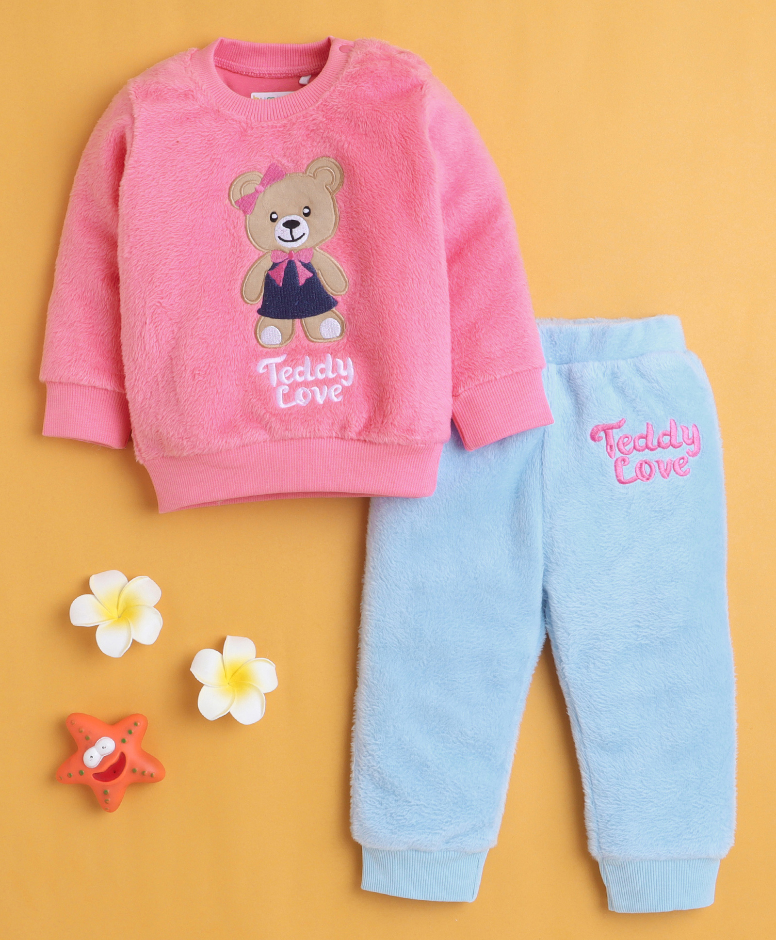 BUMZEE Cotton Blend Full Sleeves Bear Embroidery Sweatshirt & Jogger Set - Pink & Sky Blue-image-44