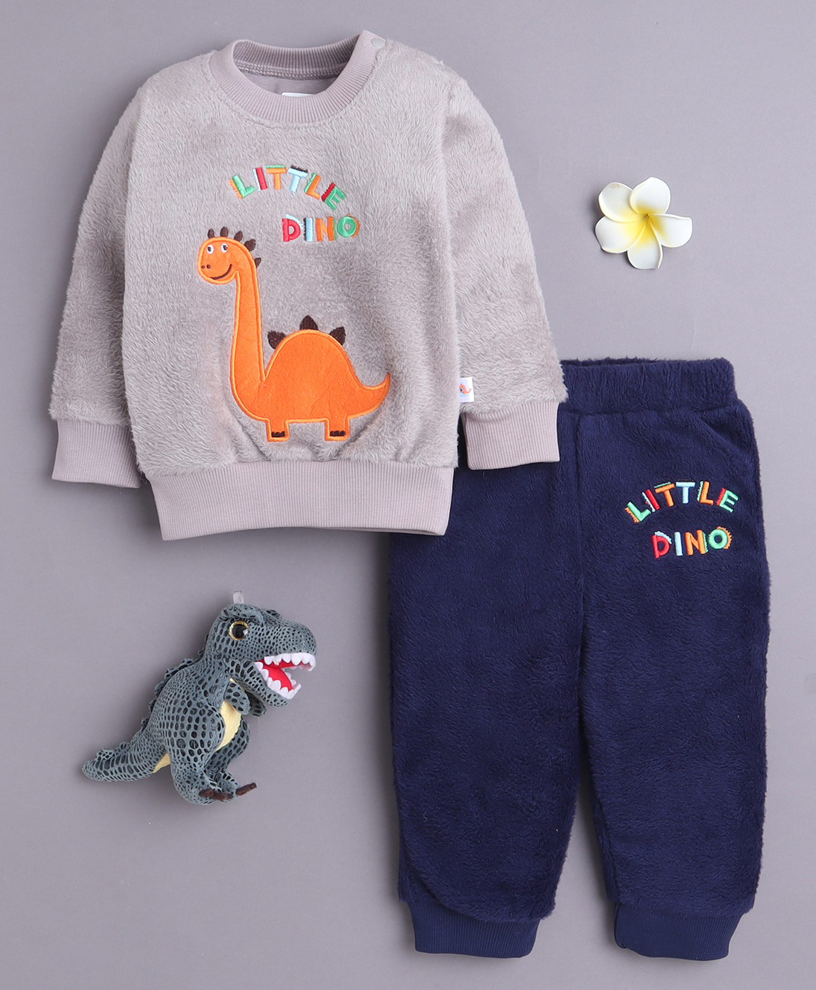 BUMZEE Cotton Blend Knit Full Sleeves Dino Embroidered Light Winter Sweatshirt & Jogger Set - Grey & Navy-image-34